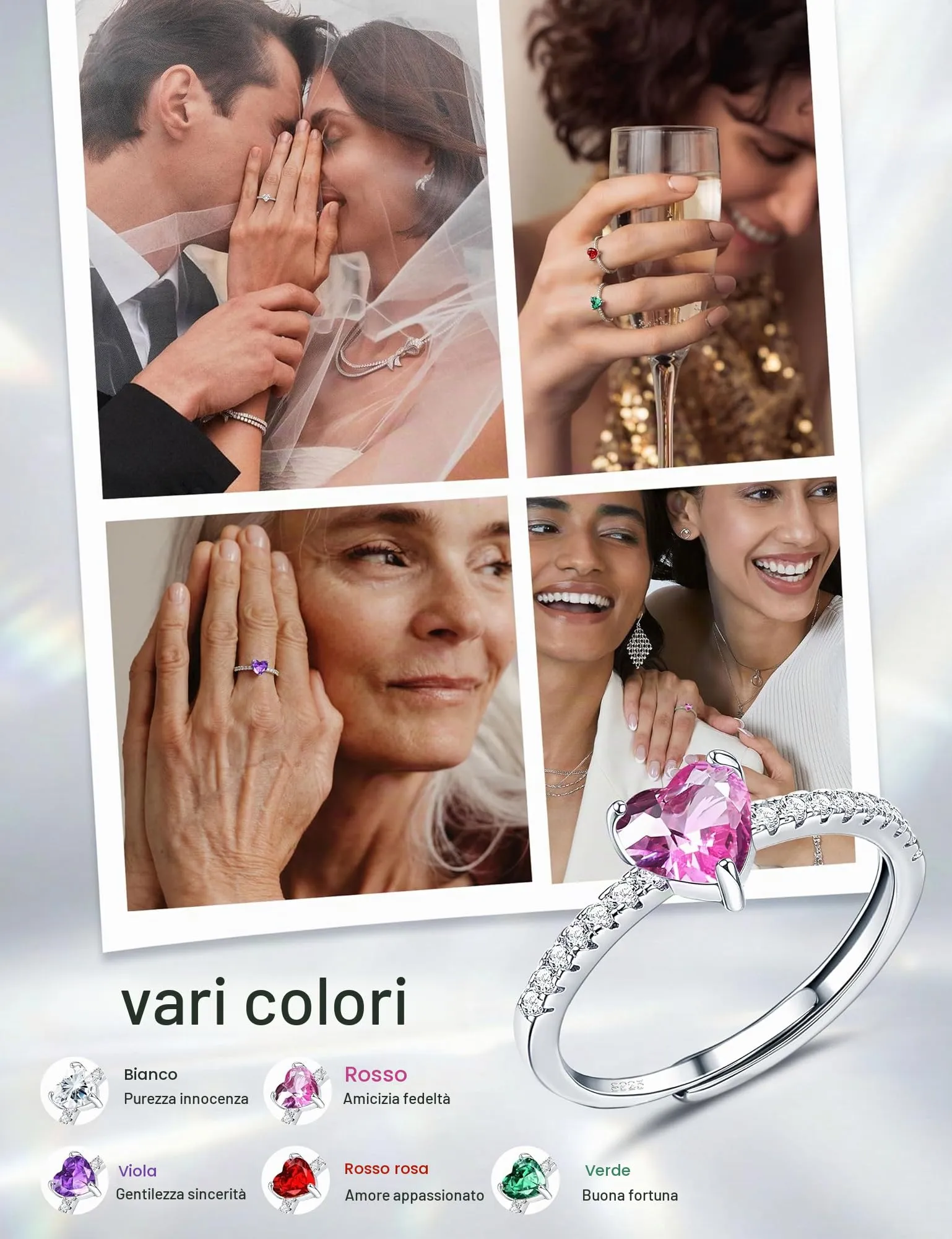JeweBella Anello Cuore in Argento 925 Regolabile con Zirconia Cubica per Donna - immagine 5