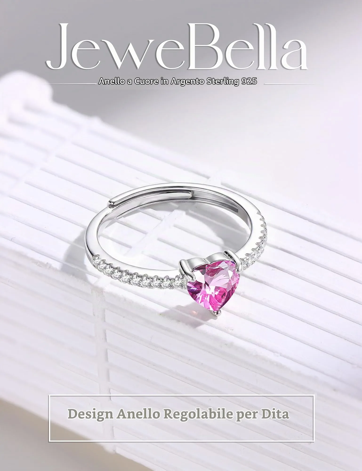 JeweBella Anello Cuore in Argento 925 Regolabile con Zirconia Cubica per Donna - immagine 6