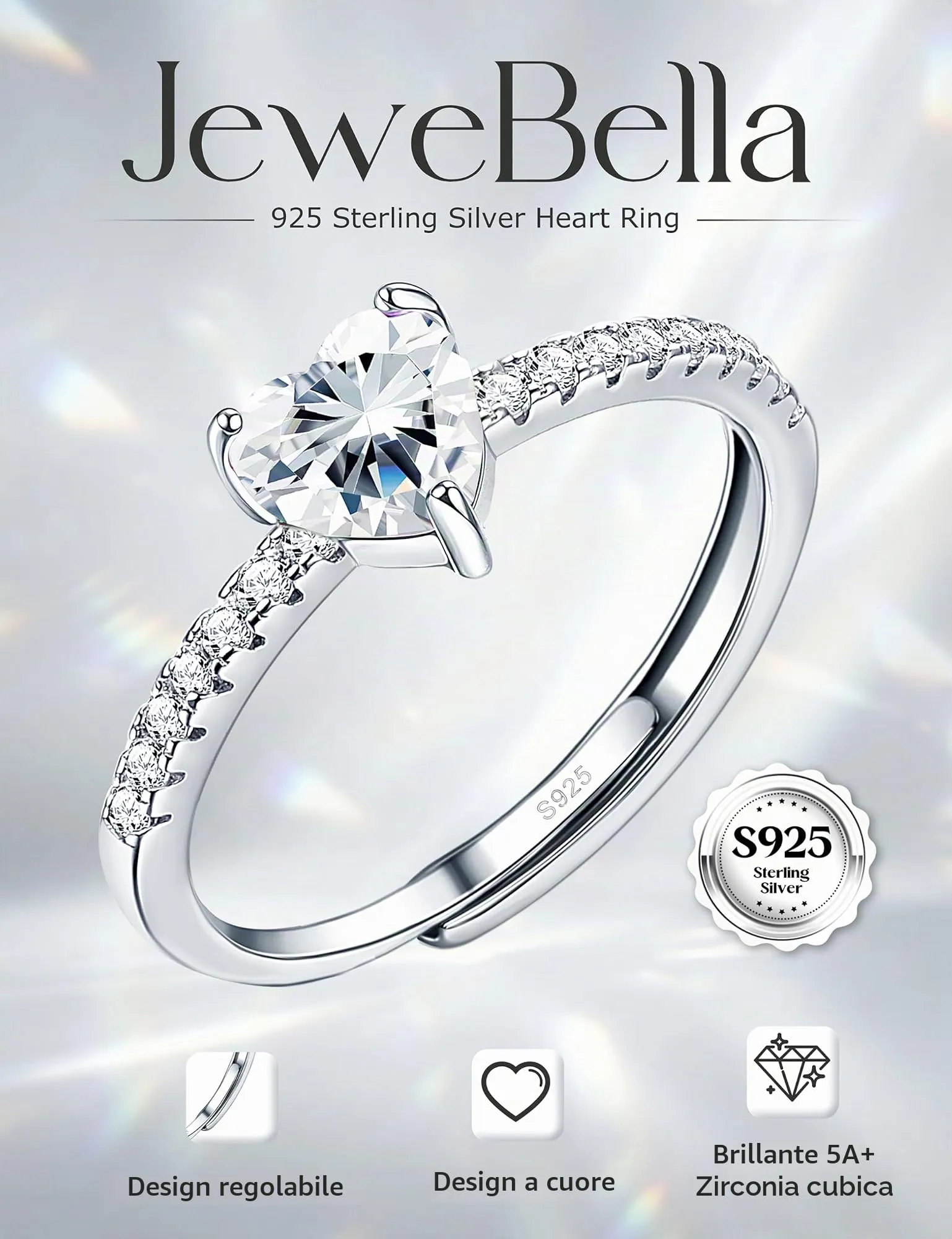 JeweBella Anello Cuore in Argento 925 con Zirconia Cubica, Regolabile - immagine 2