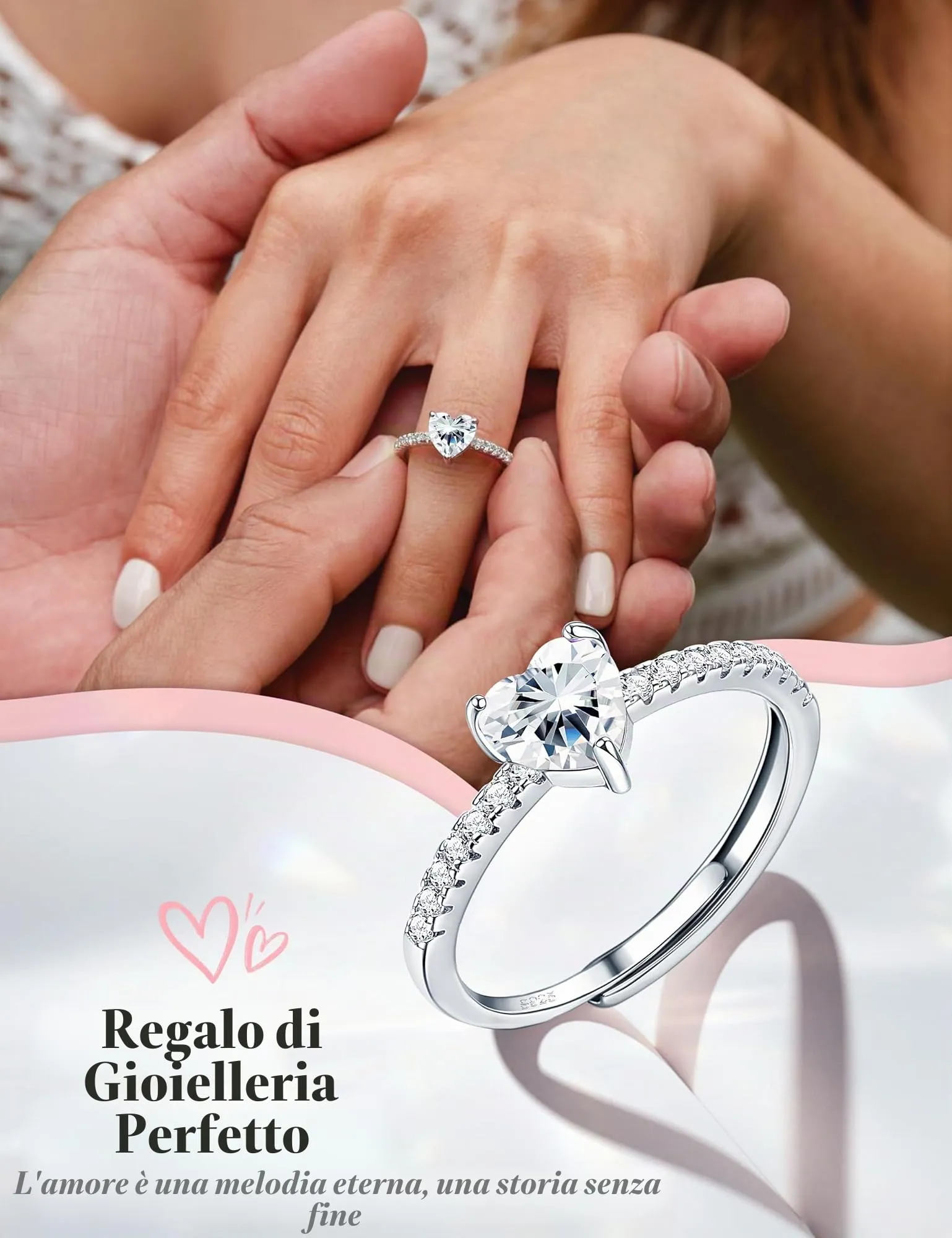 JeweBella Anello Cuore in Argento 925 con Zirconia Cubica, Regolabile - immagine 4