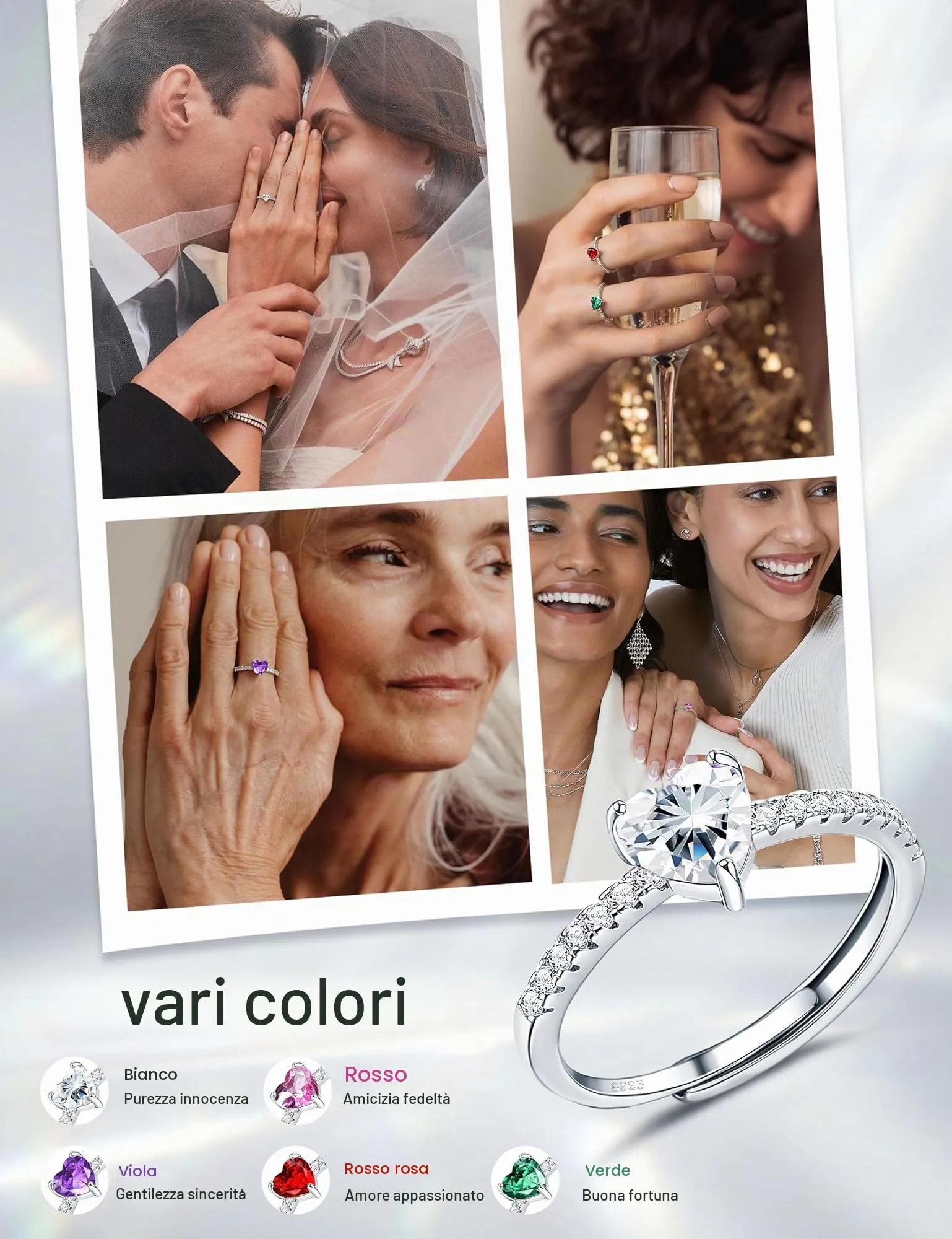 JeweBella Anello Cuore in Argento 925 con Zirconia Cubica, Regolabile - immagine 5