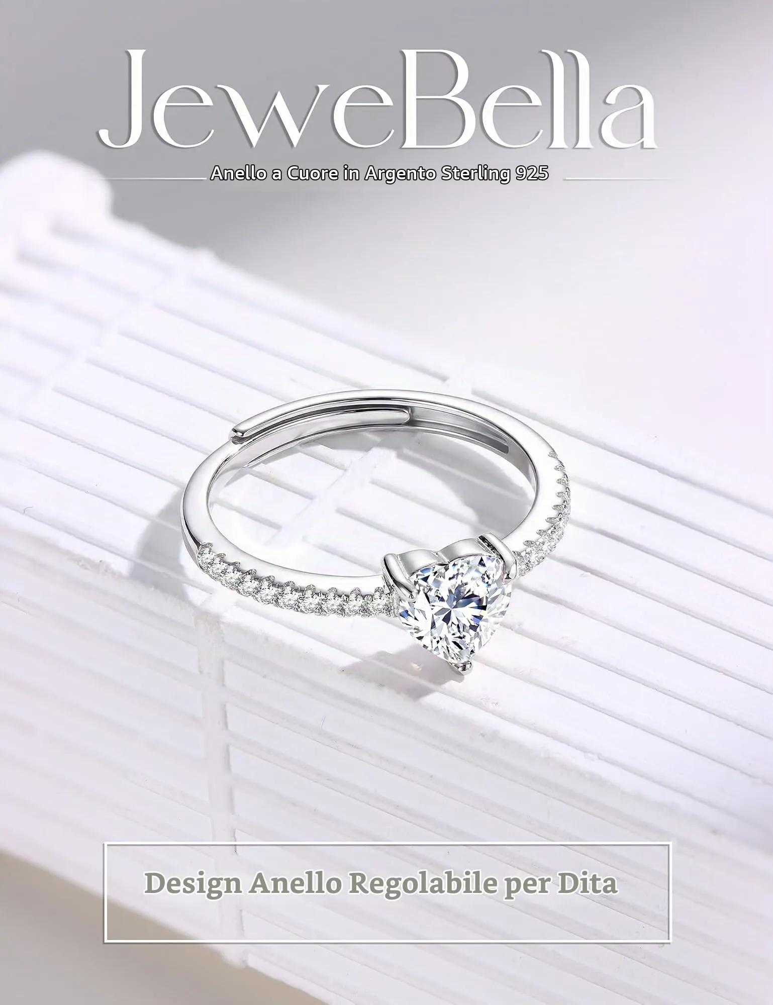 JeweBella Anello Cuore in Argento 925 con Zirconia Cubica, Regolabile - immagine 6