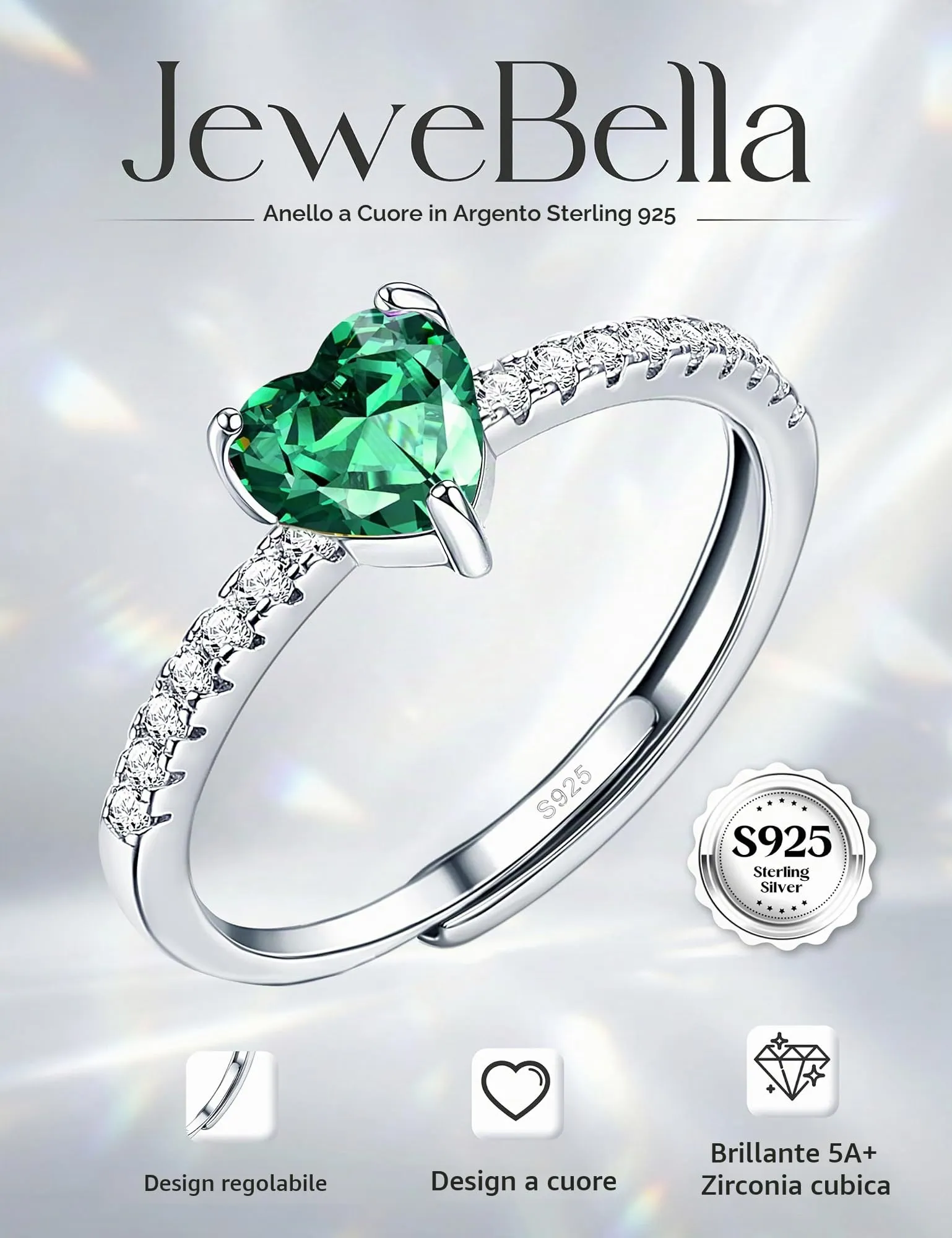 JeweBella Anello Cuore in Argento 925 Regolabile con Zirconia Cubica - immagine 2