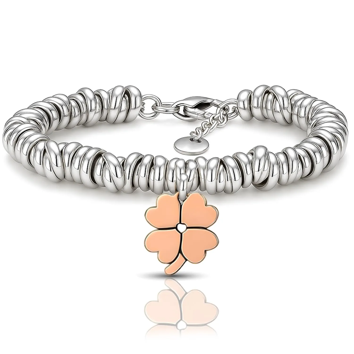 Saga Gioielli Bracciale Nodini Intrecciato Donna con Incisione Cuore e Quadrifoglio Portafortuna - immagine 1