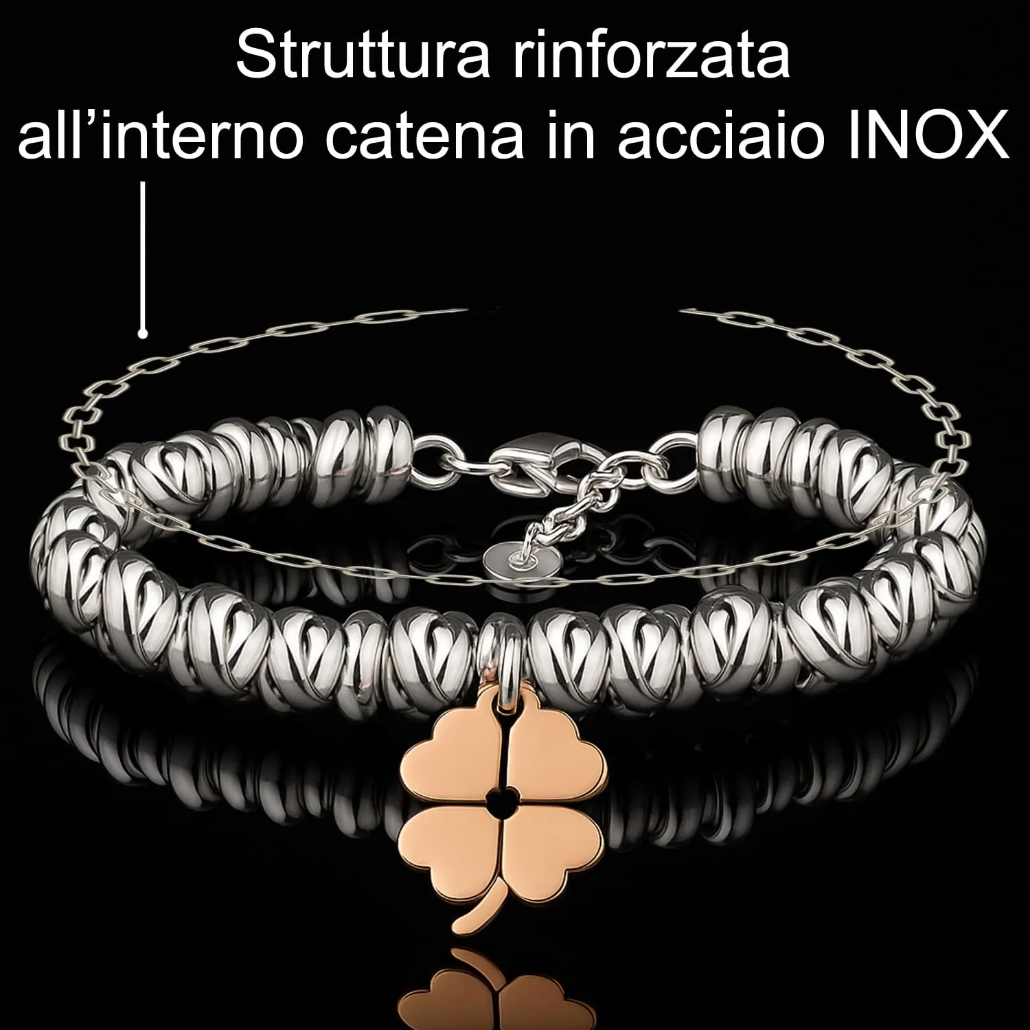 Saga Gioielli Bracciale Nodini Intrecciato Donna con Incisione Cuore e Quadrifoglio Portafortuna - immagine 4
