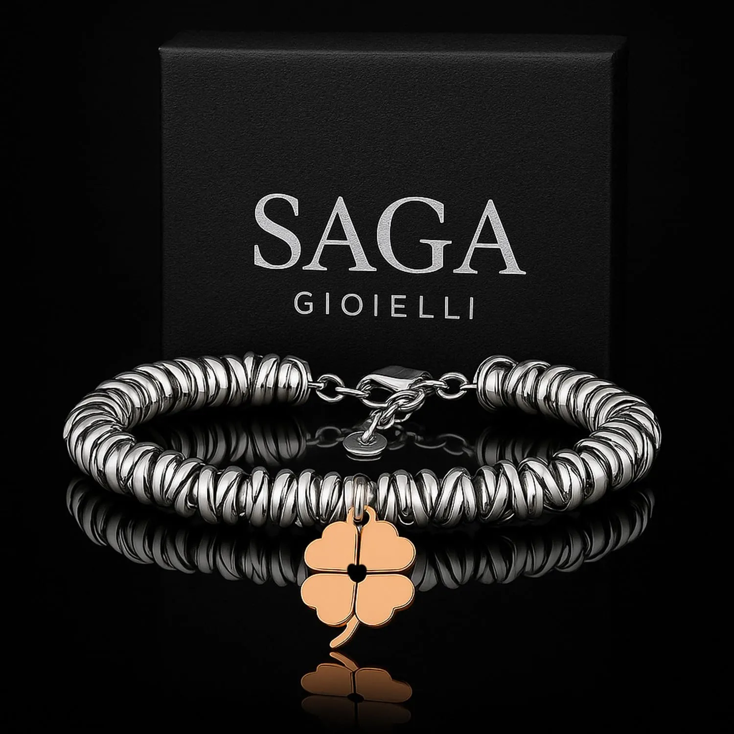 Saga Gioielli Bracciale Nodini Intrecciato Donna con Incisione Cuore e Quadrifoglio Portafortuna - immagine 6