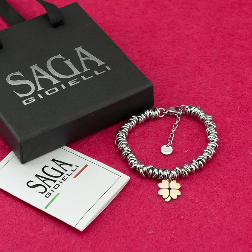 Saga Gioielli Bracciale Nodini Intrecciato Donna con Incisione Cuore e Quadrifoglio Portafortuna - immagine 7