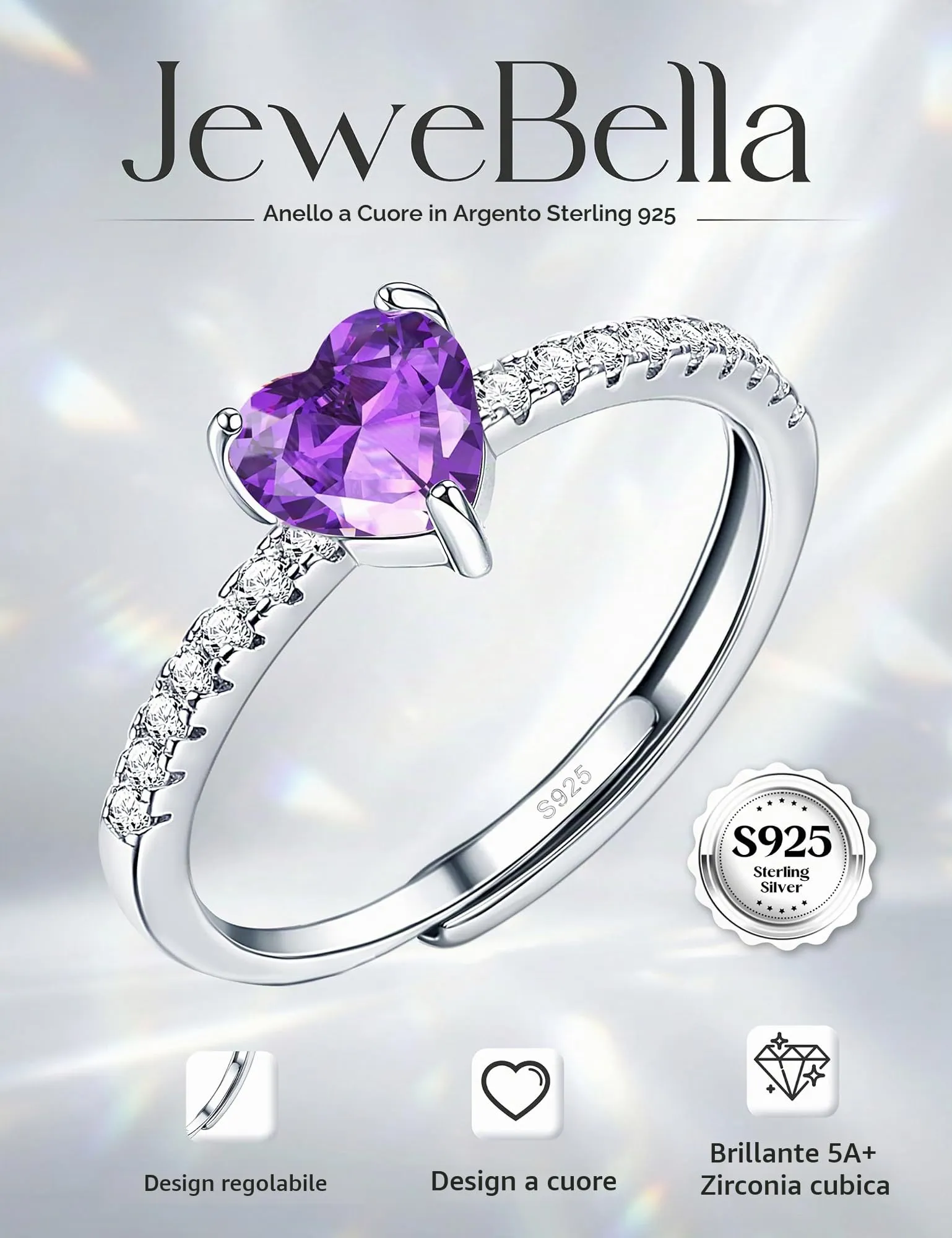 JeweBella Anello Cuore Argento 925 Regolabile con Zirconia Cubica per Donna - immagine 2