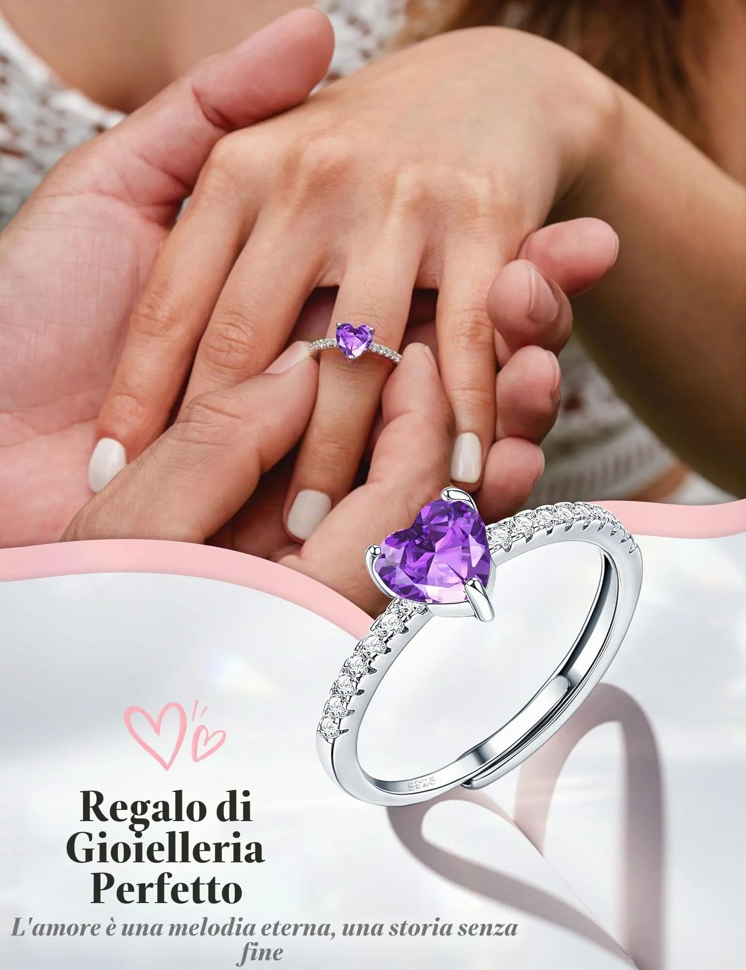 JeweBella Anello Cuore Argento 925 Regolabile con Zirconia Cubica per Donna - immagine 4