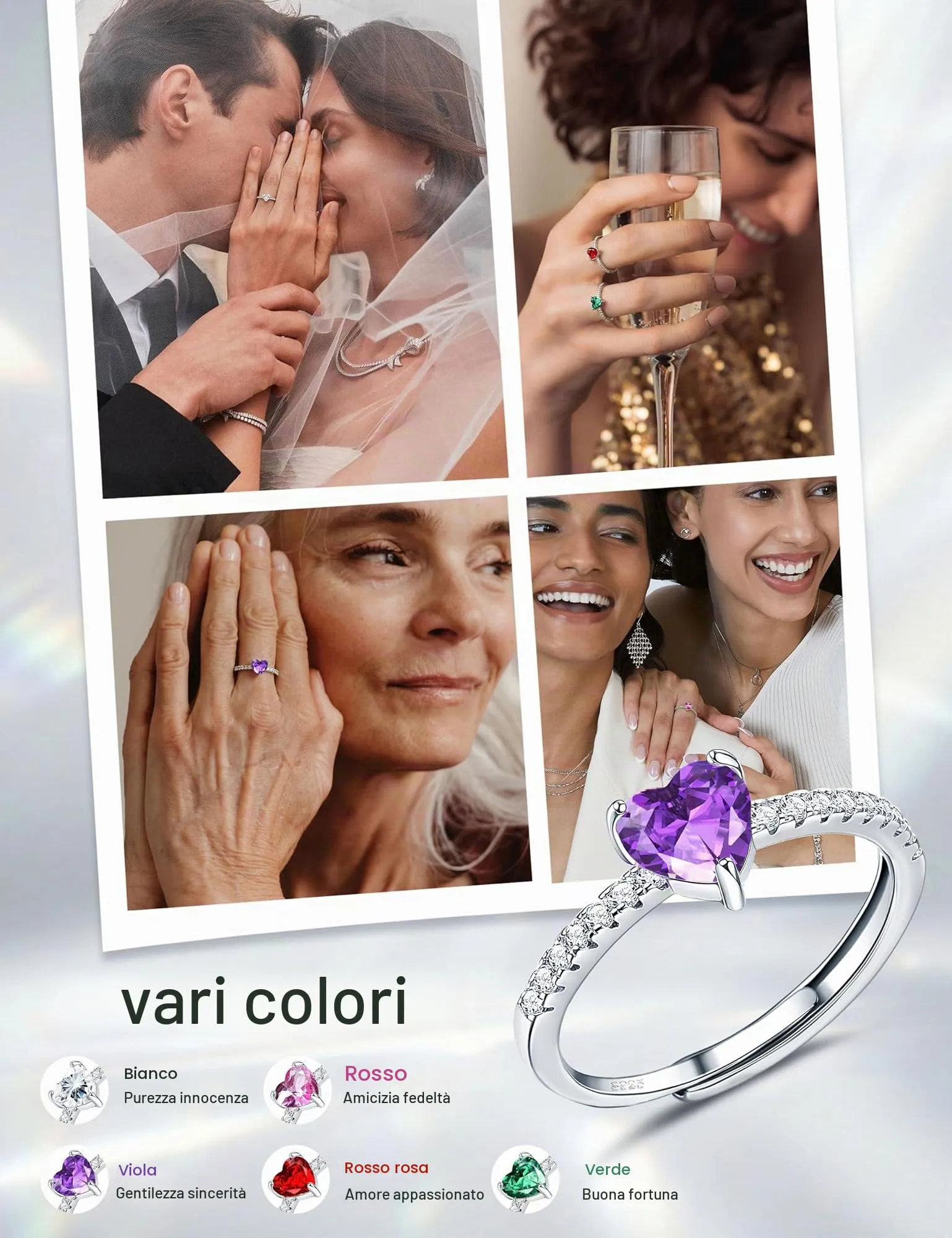 JeweBella Anello Cuore Argento 925 Regolabile con Zirconia Cubica per Donna - immagine 5