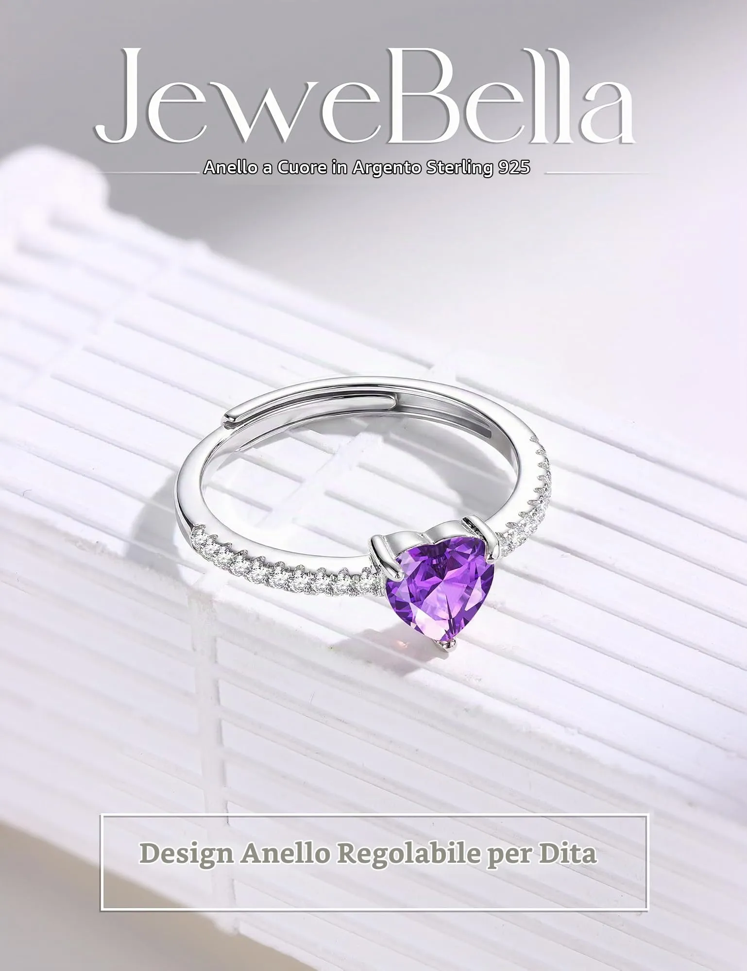 JeweBella Anello Cuore Argento 925 Regolabile con Zirconia Cubica per Donna - immagine 6