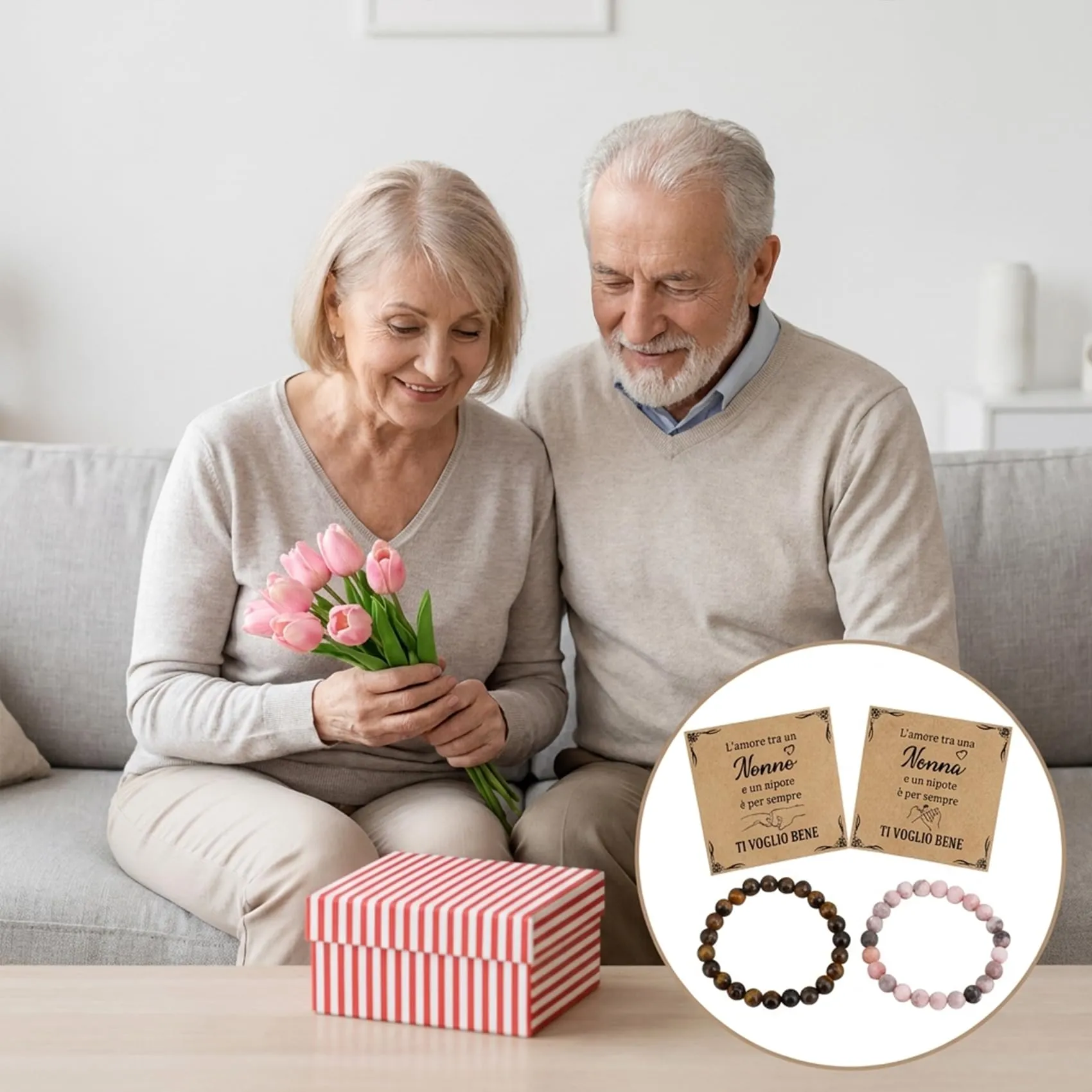 Set di Bracciali in Pietre Naturali per Nonno e Nonna con Biglietto Dedicato - immagine 6