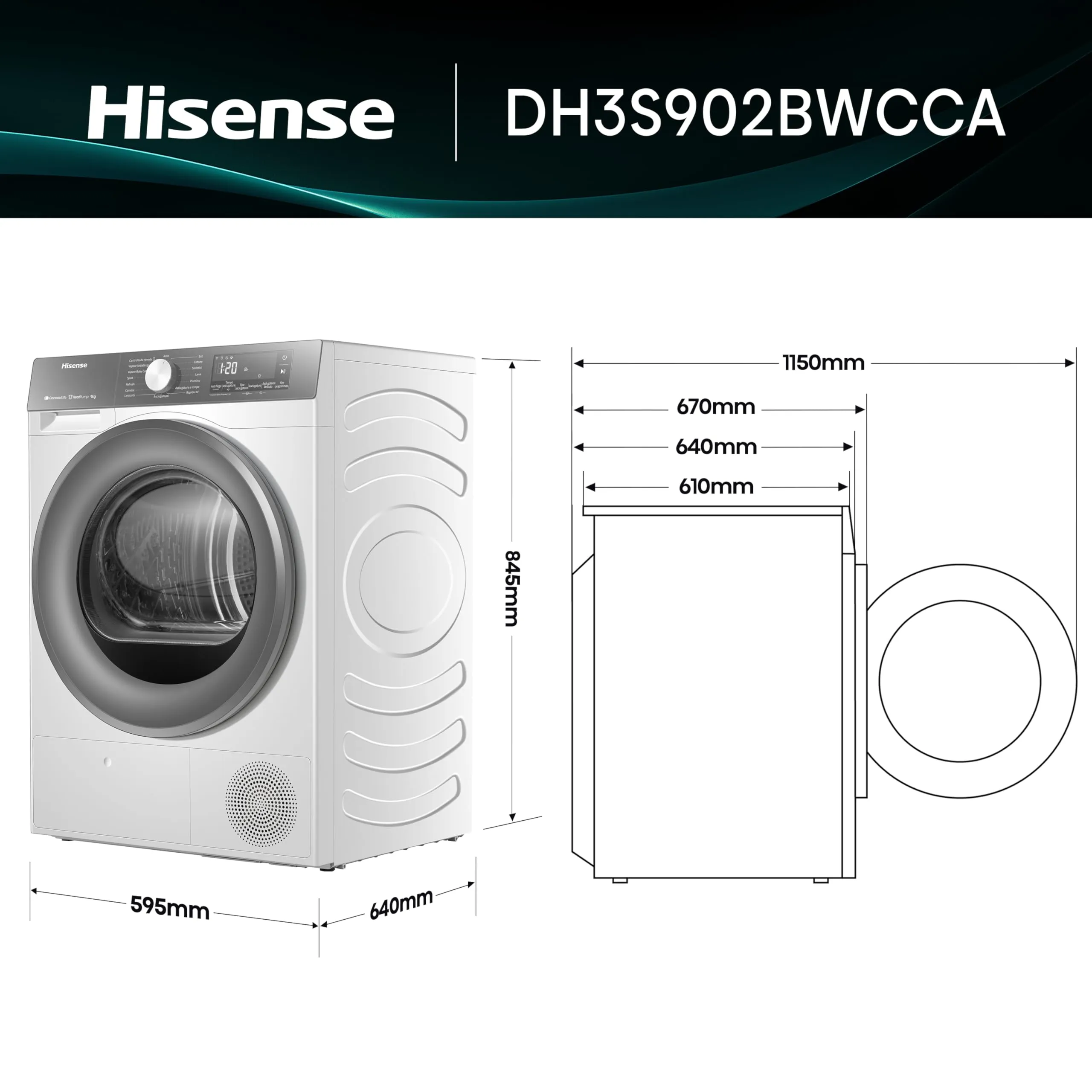 Hisense DH3S902BWCCA Asciugatrice a Pompa di Calore, 9 Kg, A+++/C, Bianco/Silver - immagine 2