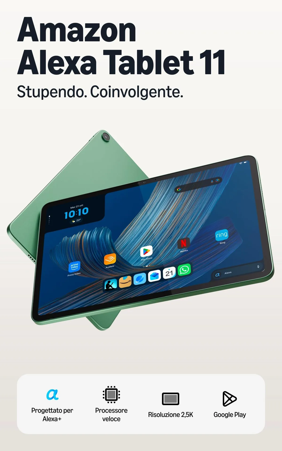 Amazon Alexa Tablet 11, 8 GB RAM, 64 GB, Schermo 2,5K, Google Play, Alexa+, Verde Matcha - immagine 2