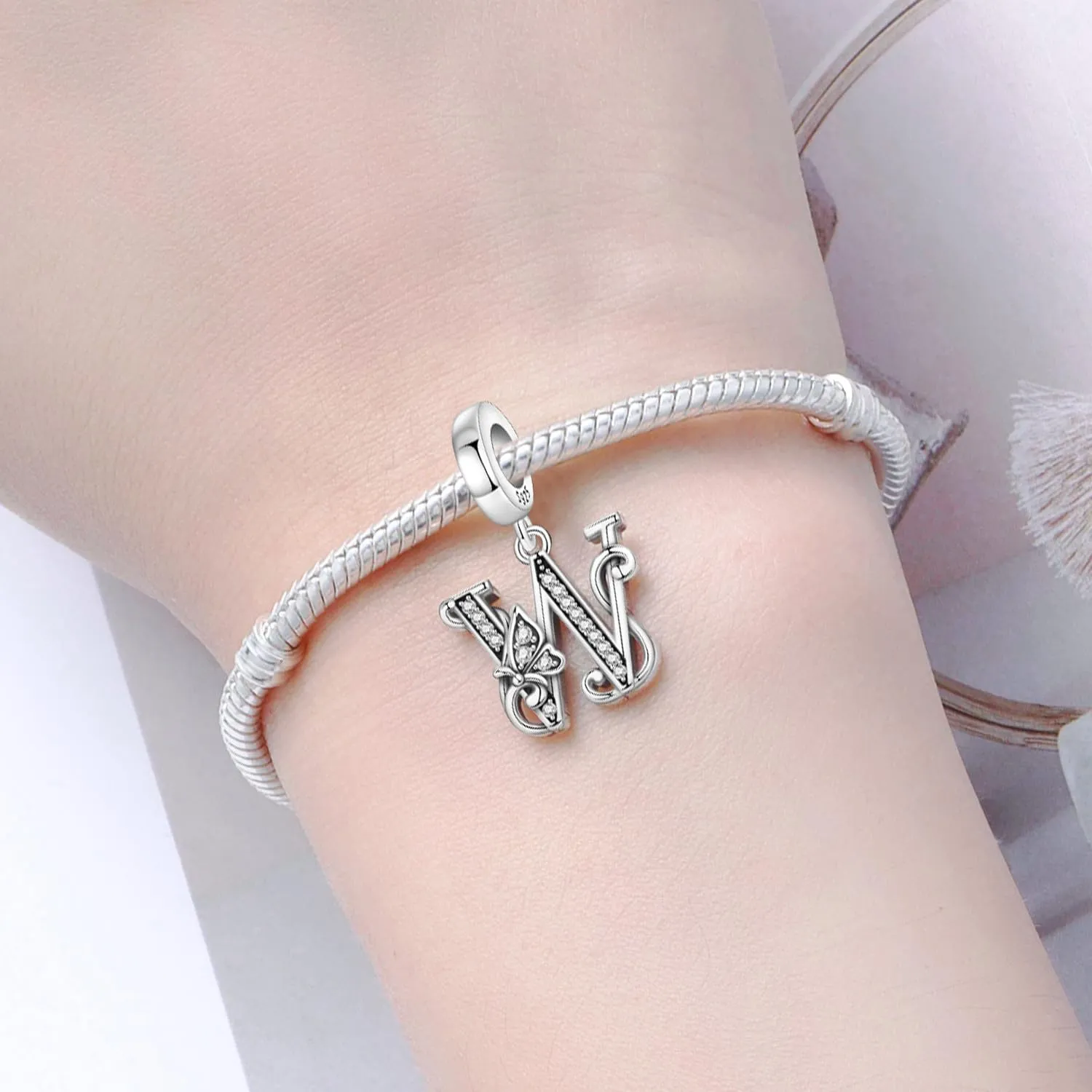 PANPOKI Ciondoli a Forma di Lettera in Argento Sterling S925 con Zirconi, Compatibili con Bracciali e Collane Europei, W Abito - immagine 4