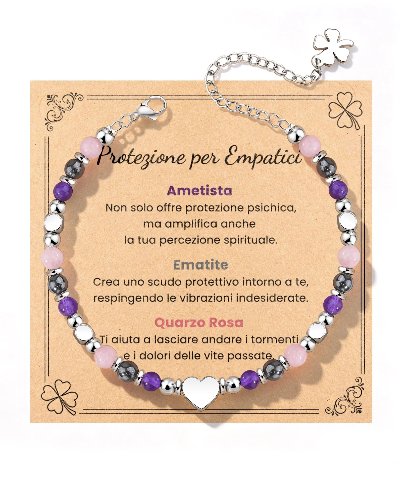 MANVEN Bracciale Donna in Pietre Naturali e Acciaio Inossidabile 316L con Ciondolo Quadrifoglio, 17.5-22.5 cm - immagine 1