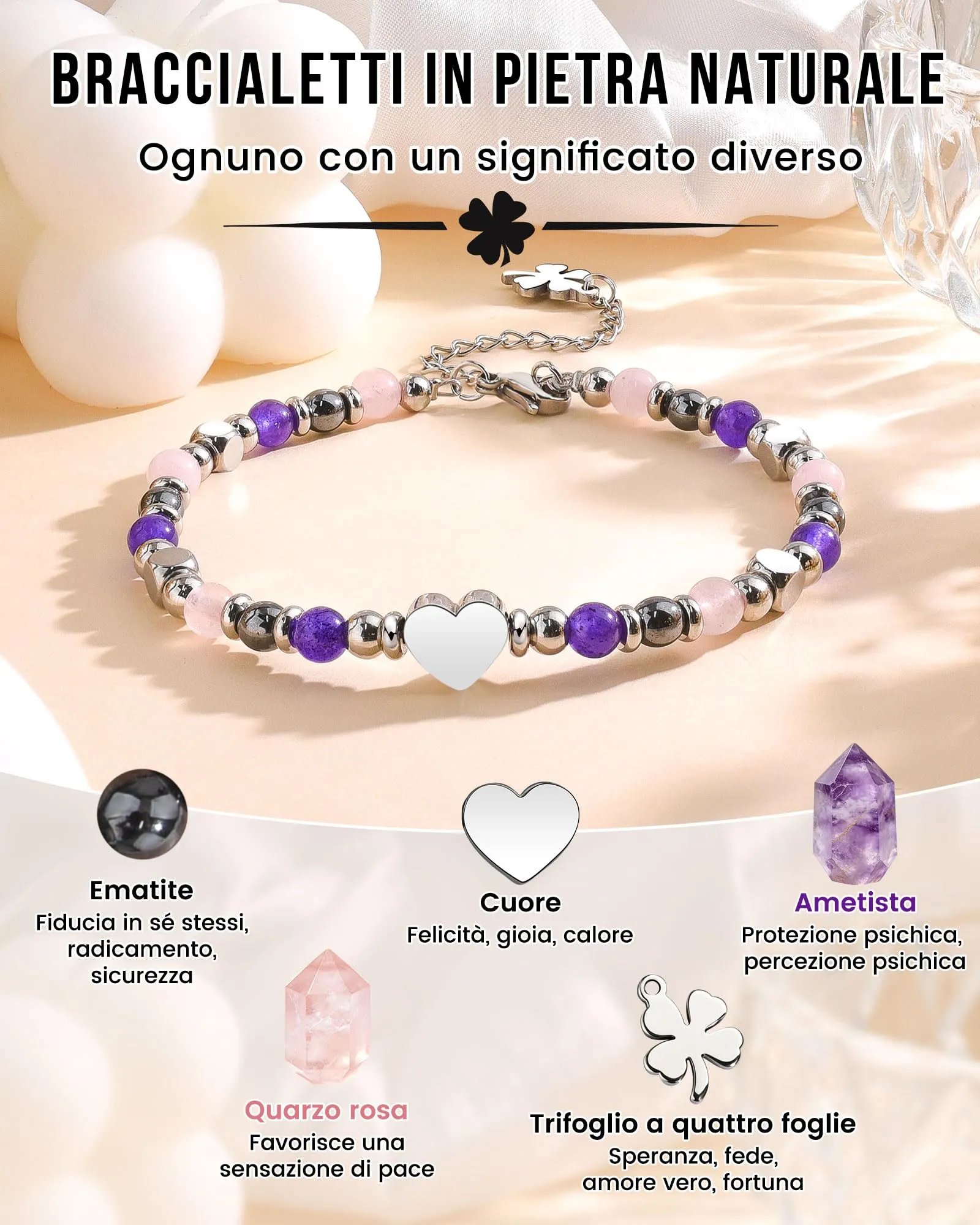 MANVEN Bracciale Donna in Pietre Naturali e Acciaio Inossidabile 316L con Ciondolo Quadrifoglio, 17.5-22.5 cm - immagine 2