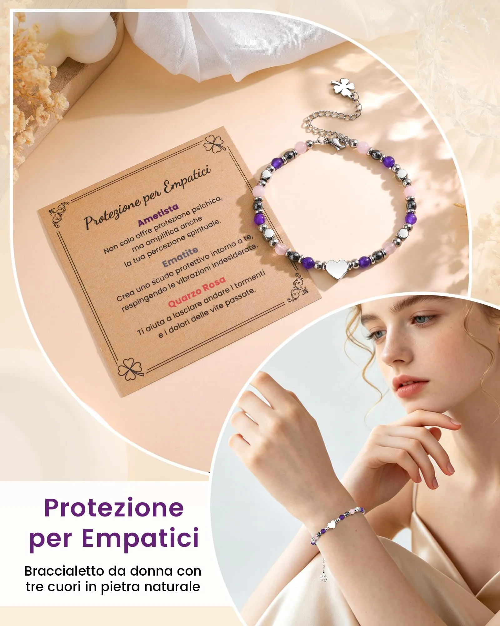 MANVEN Bracciale Donna in Pietre Naturali e Acciaio Inossidabile 316L con Ciondolo Quadrifoglio, 17.5-22.5 cm - immagine 3
