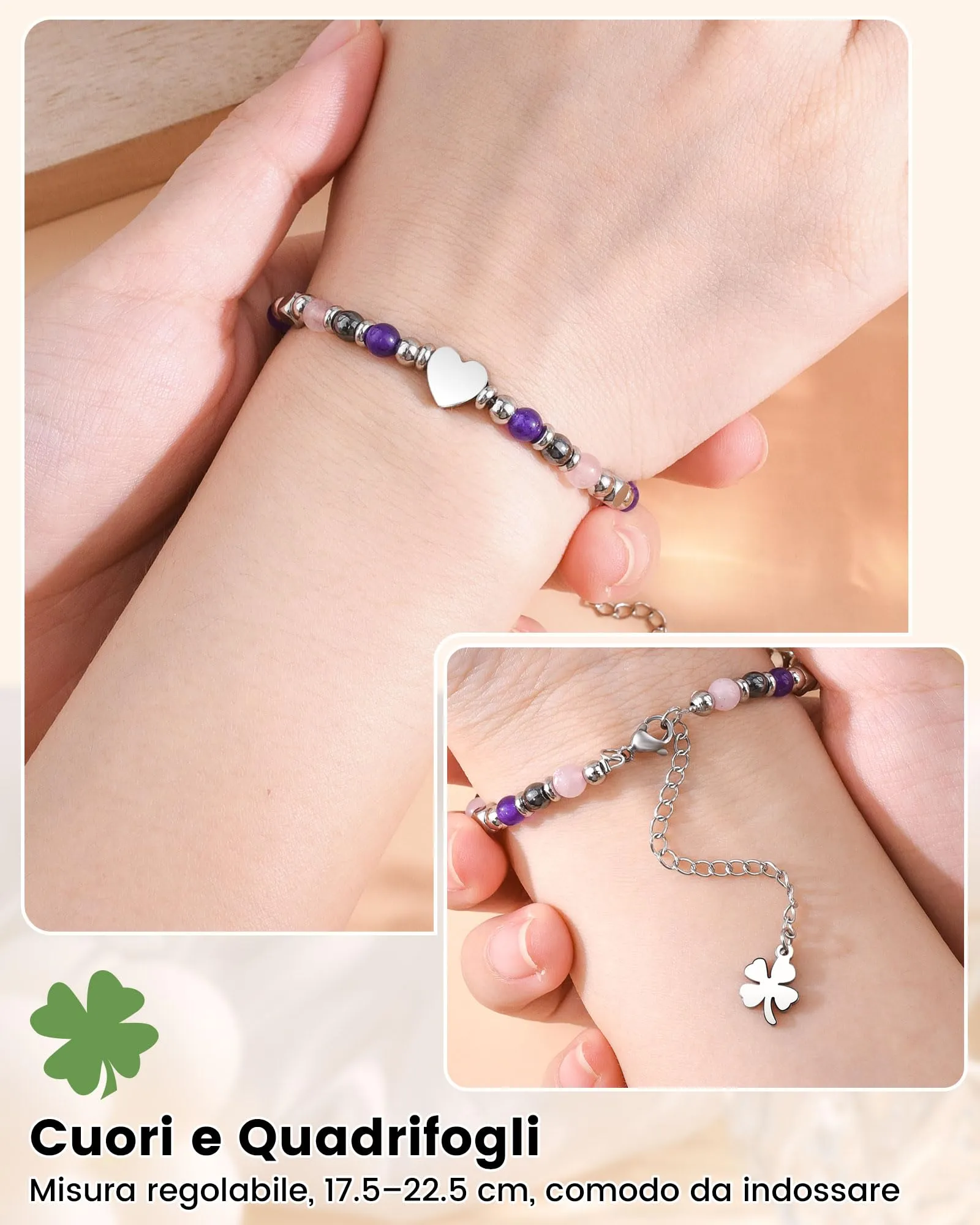 MANVEN Bracciale Donna in Pietre Naturali e Acciaio Inossidabile 316L con Ciondolo Quadrifoglio, 17.5-22.5 cm - immagine 4