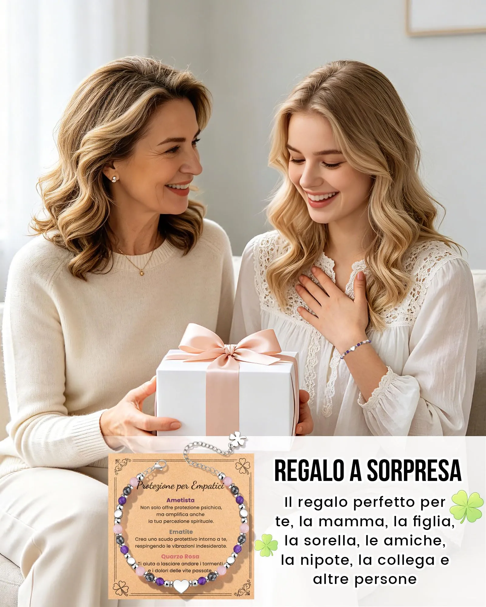 MANVEN Bracciale Donna in Pietre Naturali e Acciaio Inossidabile 316L con Ciondolo Quadrifoglio, 17.5-22.5 cm - immagine 5