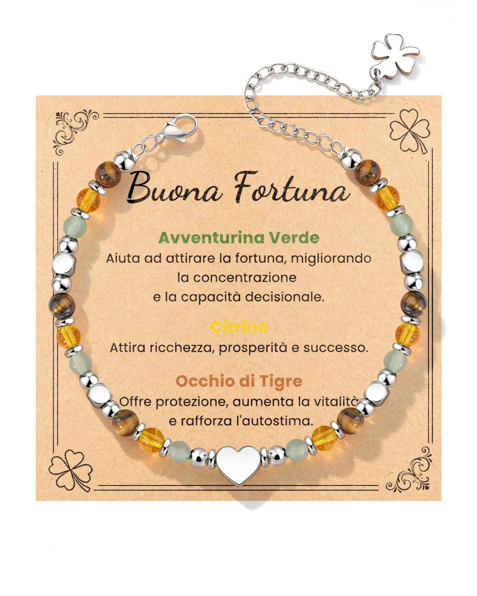 MANVEN Bracciale Donna in Pietre Naturali e Acciaio Inossidabile 316L con Ciondolo Quadrifoglio, 17.5-22.5 cm - immagine 1