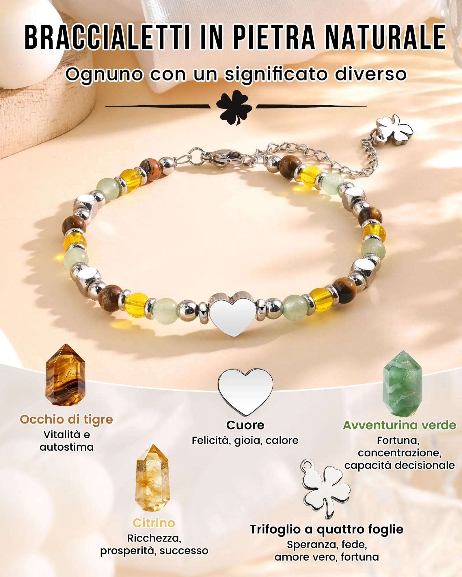 MANVEN Bracciale Donna in Pietre Naturali e Acciaio Inossidabile 316L con Ciondolo Quadrifoglio, 17.5-22.5 cm - immagine 2
