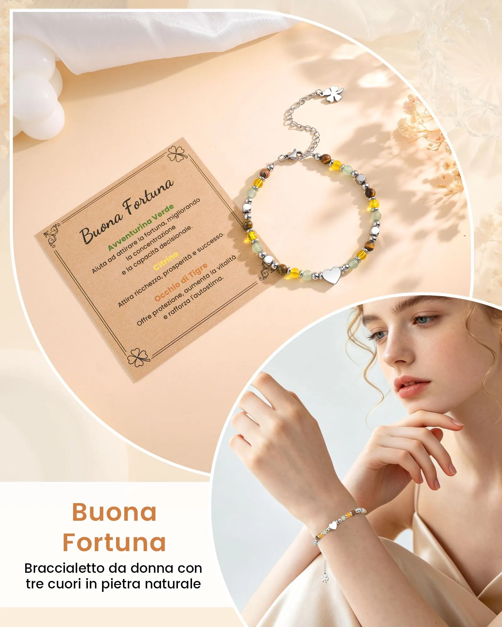 MANVEN Bracciale Donna in Pietre Naturali e Acciaio Inossidabile 316L con Ciondolo Quadrifoglio, 17.5-22.5 cm - immagine 3