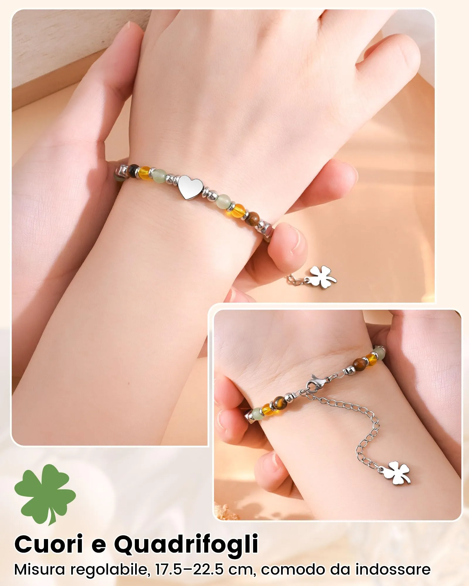 MANVEN Bracciale Donna in Pietre Naturali e Acciaio Inossidabile 316L con Ciondolo Quadrifoglio, 17.5-22.5 cm - immagine 4
