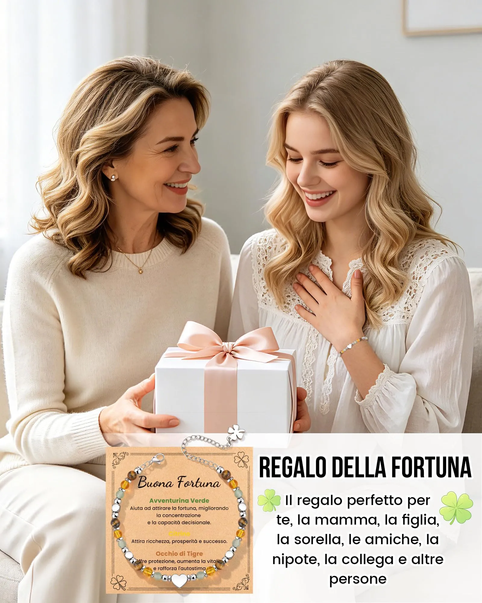 MANVEN Bracciale Donna in Pietre Naturali e Acciaio Inossidabile 316L con Ciondolo Quadrifoglio, 17.5-22.5 cm - immagine 5