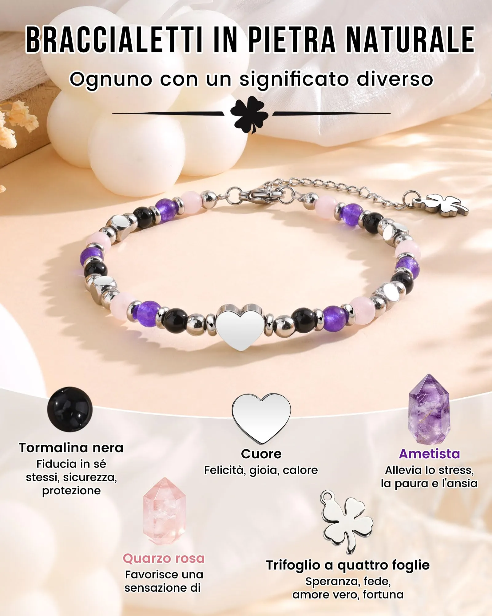 MANVEN Bracciale Donna in Pietre Naturali e Acciaio Inossidabile 316L con Ciondolo Quadrifoglio, 17.5-22.5 cm - immagine 2