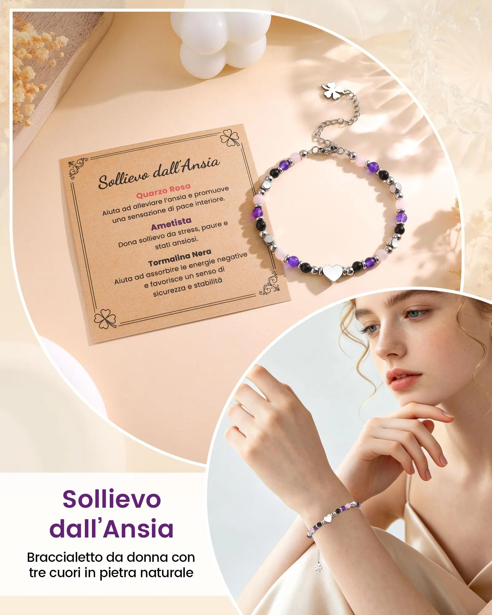 MANVEN Bracciale Donna in Pietre Naturali e Acciaio Inossidabile 316L con Ciondolo Quadrifoglio, 17.5-22.5 cm - immagine 3