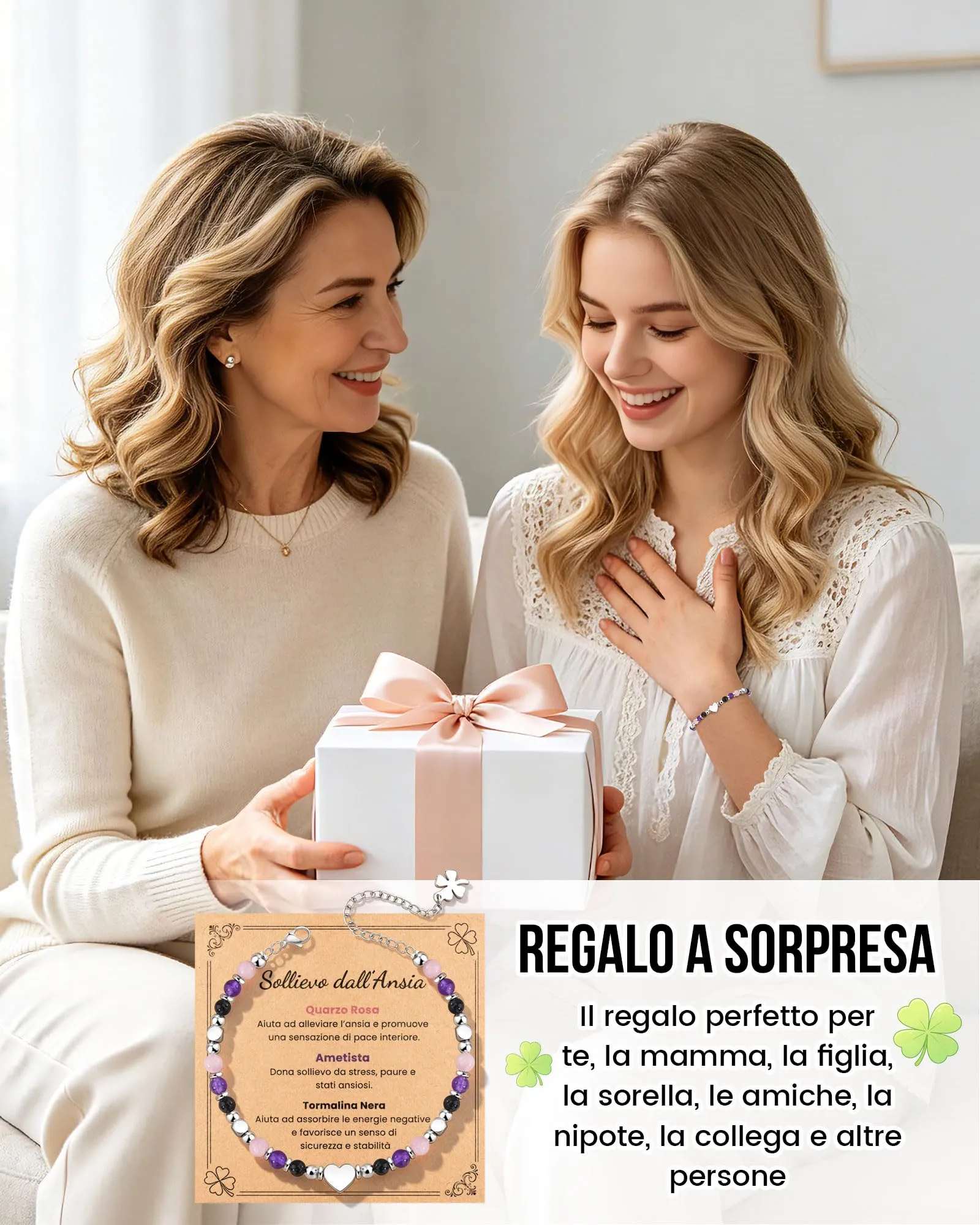 MANVEN Bracciale Donna in Pietre Naturali e Acciaio Inossidabile 316L con Ciondolo Quadrifoglio, 17.5-22.5 cm - immagine 4