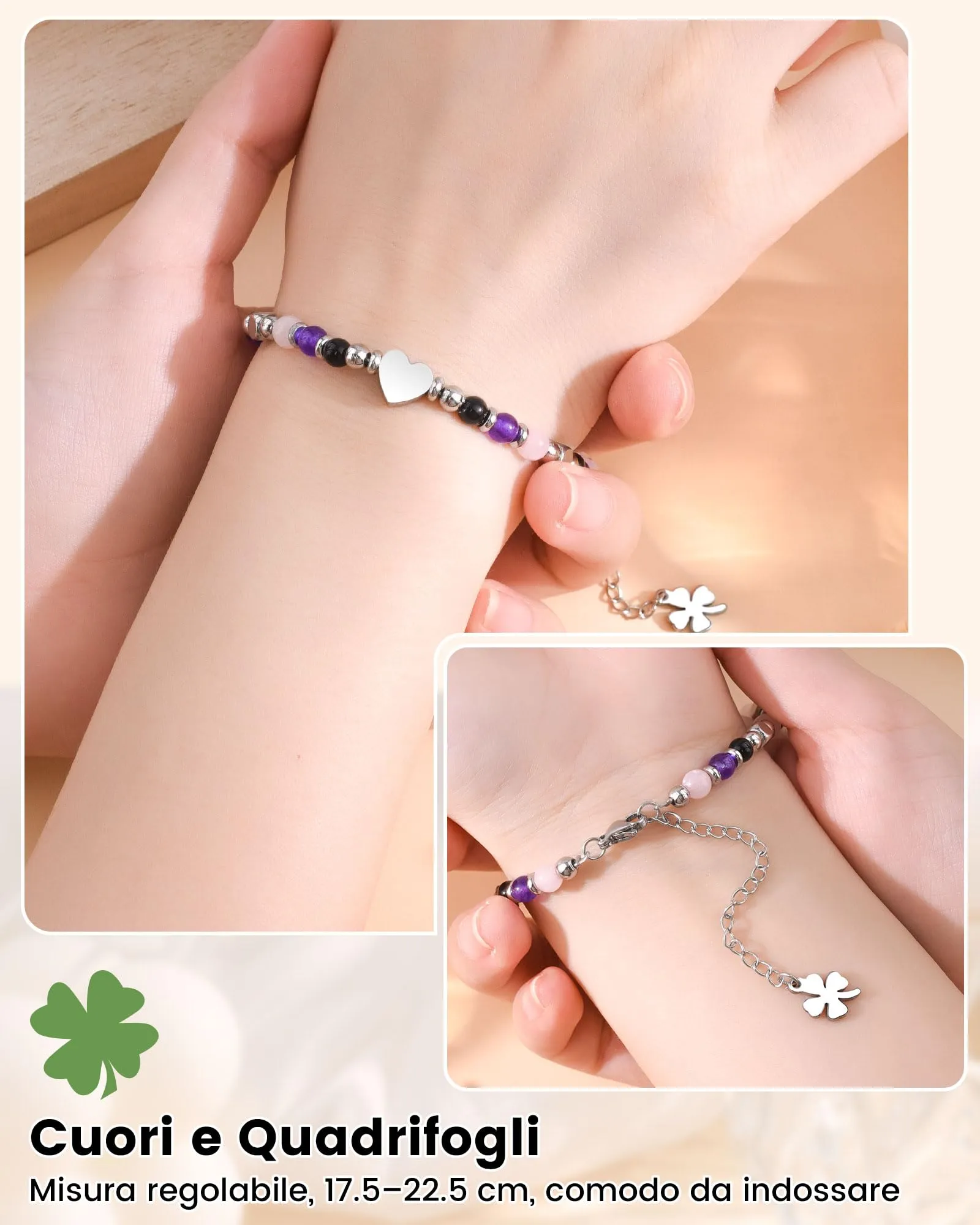 MANVEN Bracciale Donna in Pietre Naturali e Acciaio Inossidabile 316L con Ciondolo Quadrifoglio, 17.5-22.5 cm - immagine 5