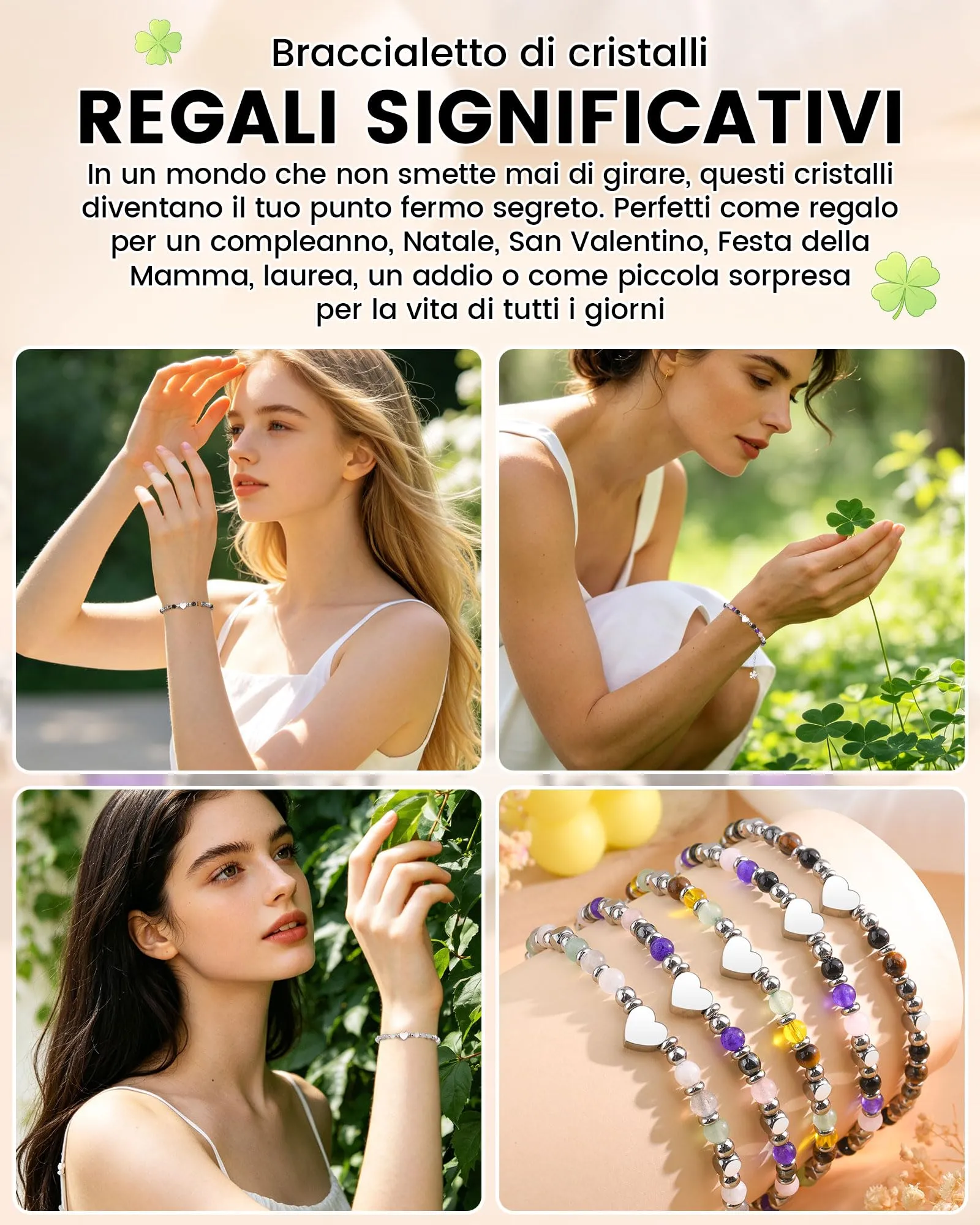 MANVEN Bracciale Donna in Pietre Naturali e Acciaio Inossidabile 316L con Ciondolo Quadrifoglio, 17.5-22.5 cm - immagine 6