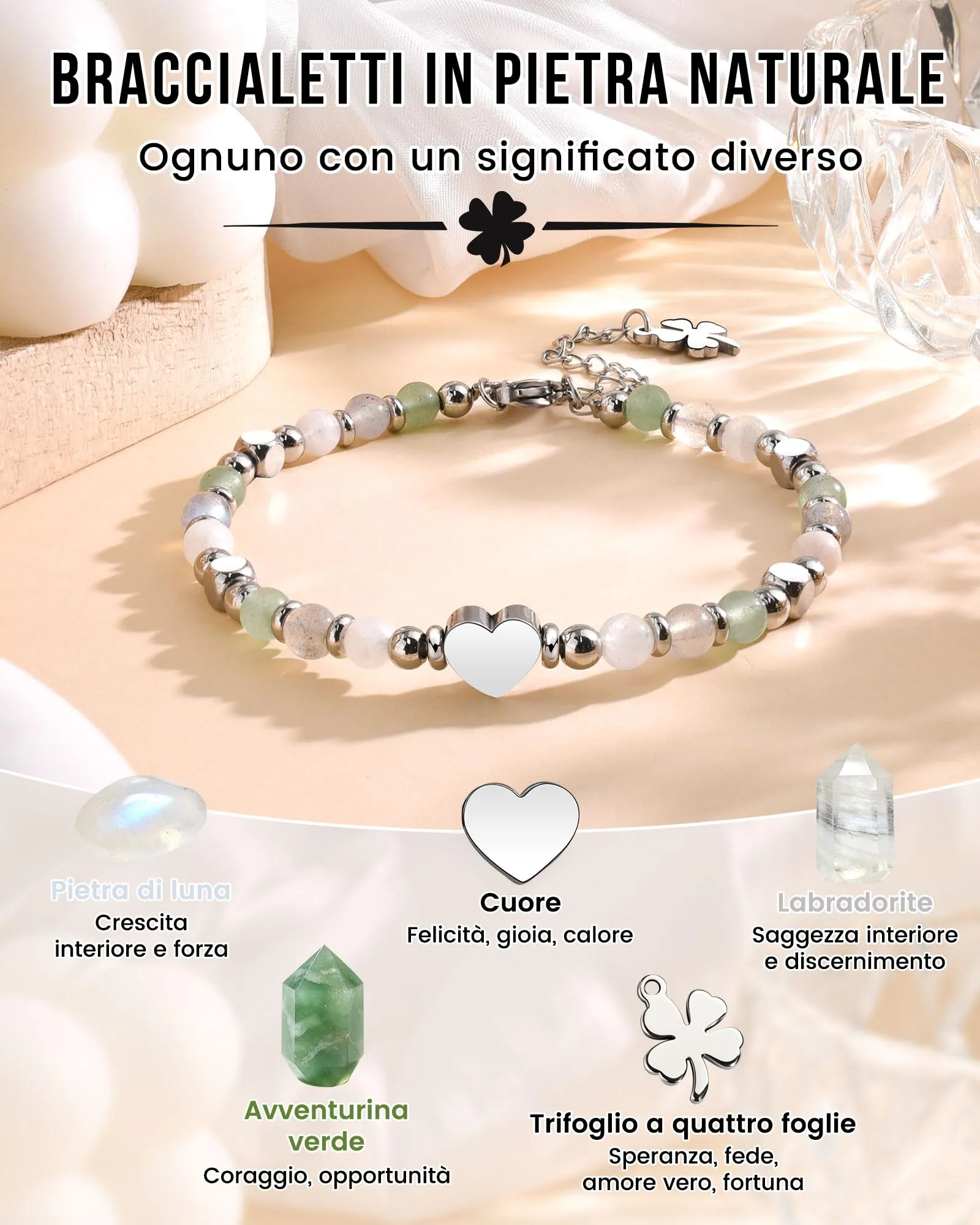 MANVEN Bracciale Donna in Pietre Naturali e Acciaio Inossidabile 316L, Regolabile 17.5-22.5 cm - immagine 2