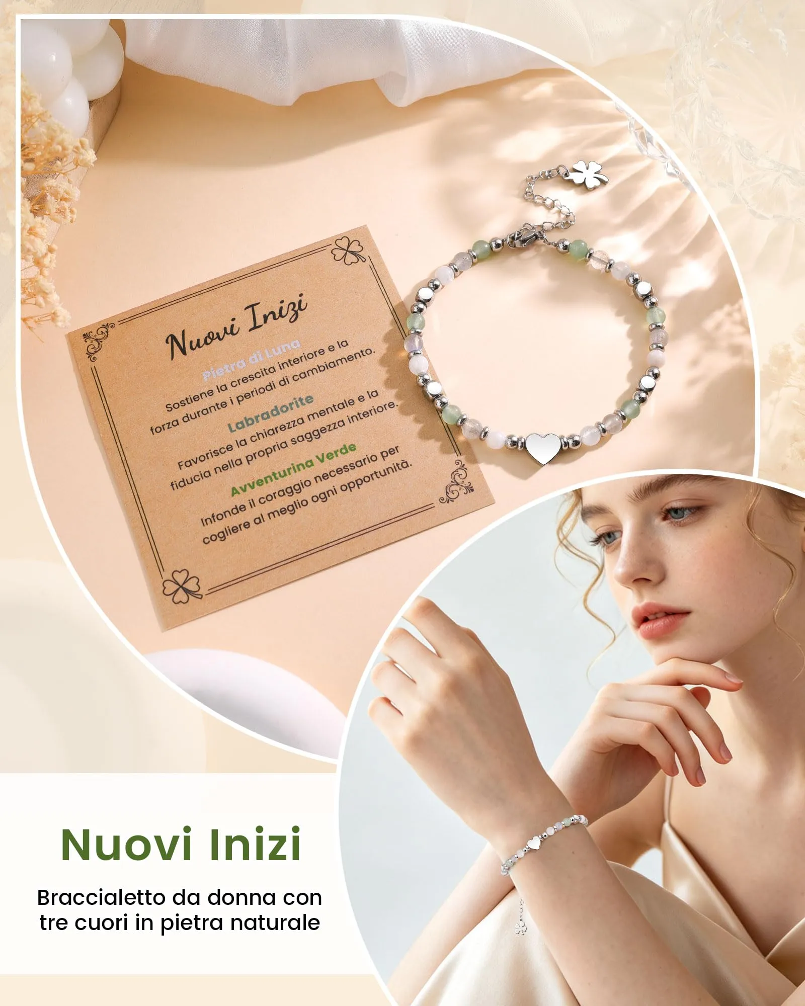 MANVEN Bracciale Donna in Pietre Naturali e Acciaio Inossidabile 316L, Regolabile 17.5-22.5 cm - immagine 3