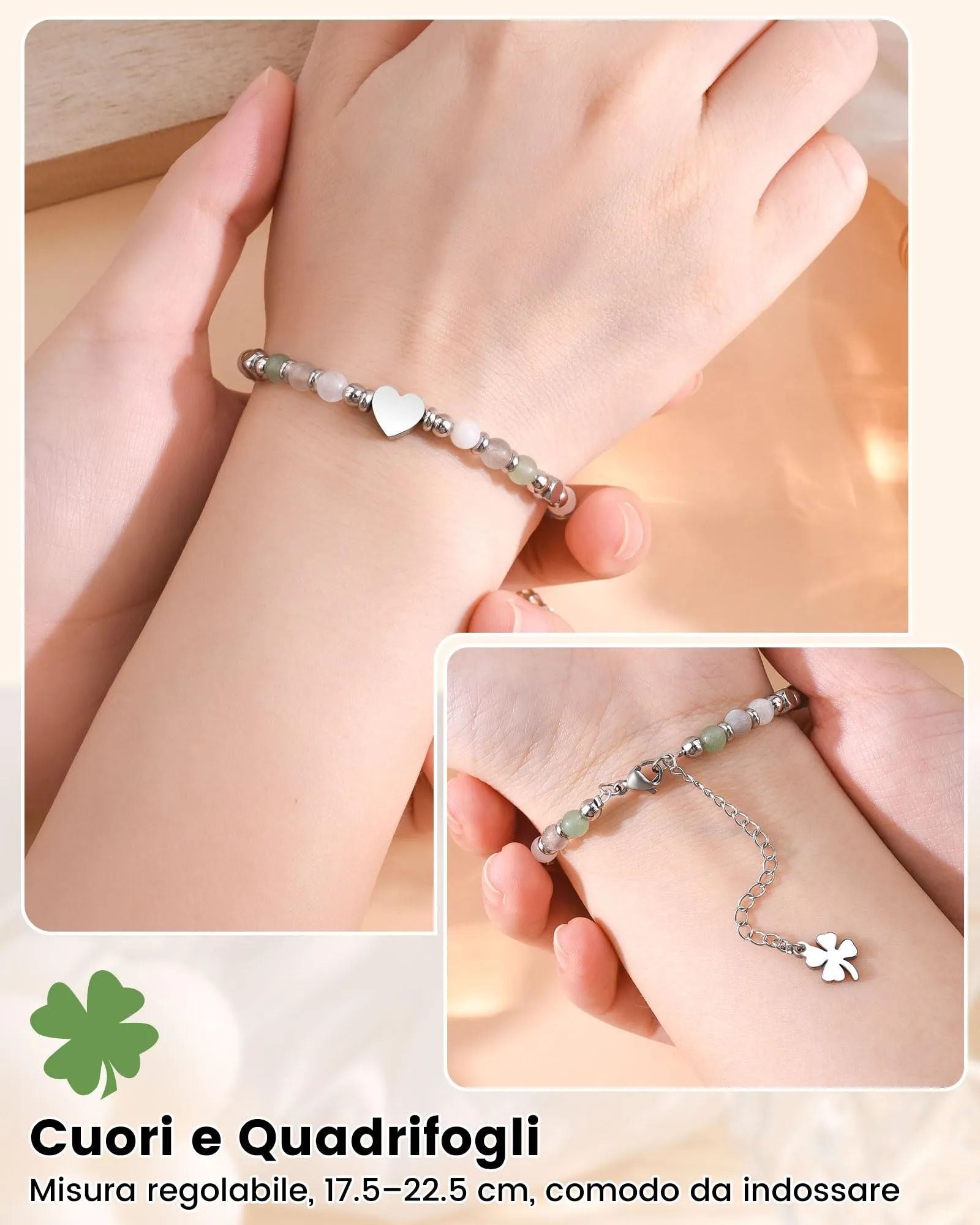 MANVEN Bracciale Donna in Pietre Naturali e Acciaio Inossidabile 316L, Regolabile 17.5-22.5 cm - immagine 4