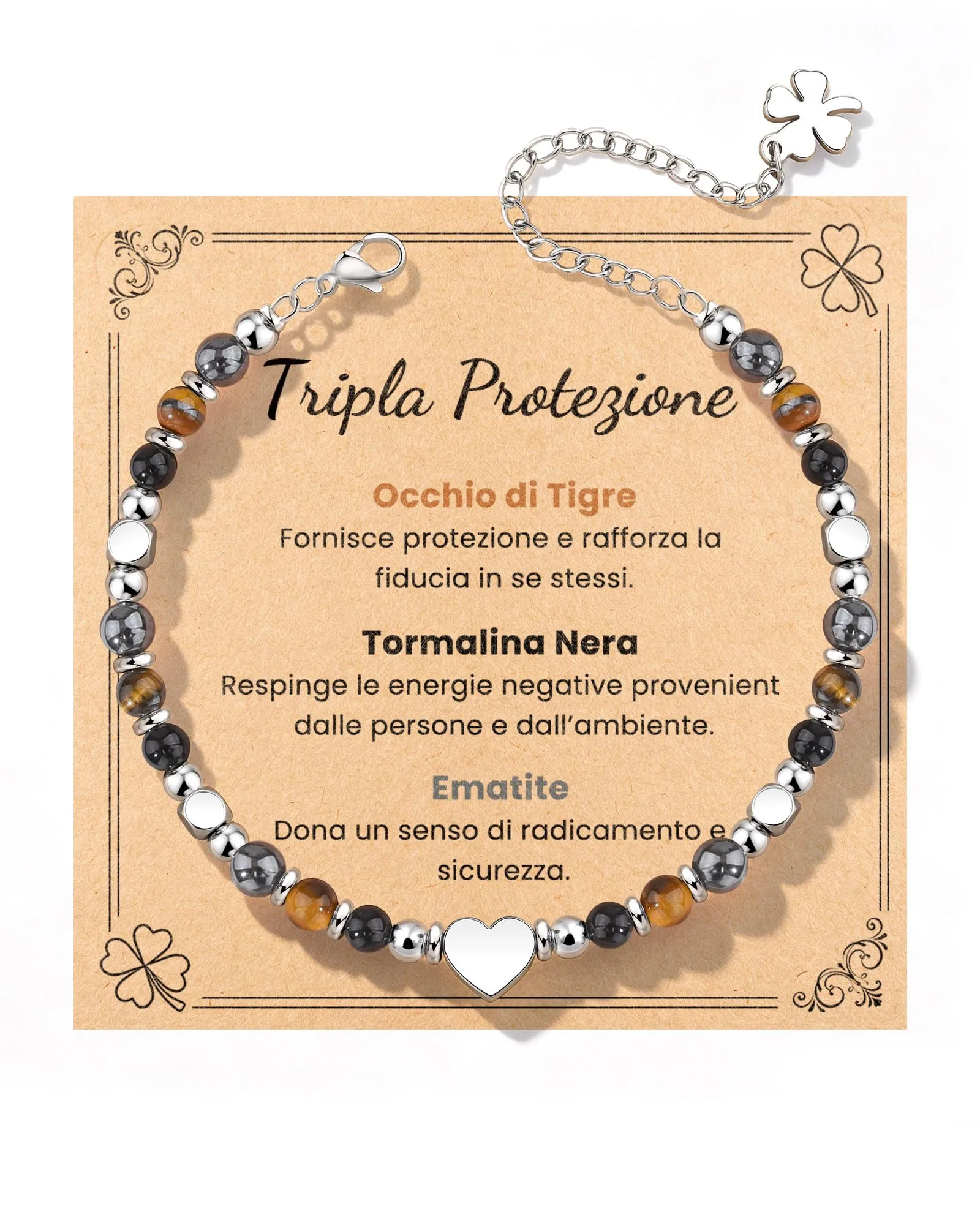 MANVEN Bracciale Donna in Pietre Naturali e Acciaio Inossidabile 316L con Ciondolo Quadrifoglio - immagine 1