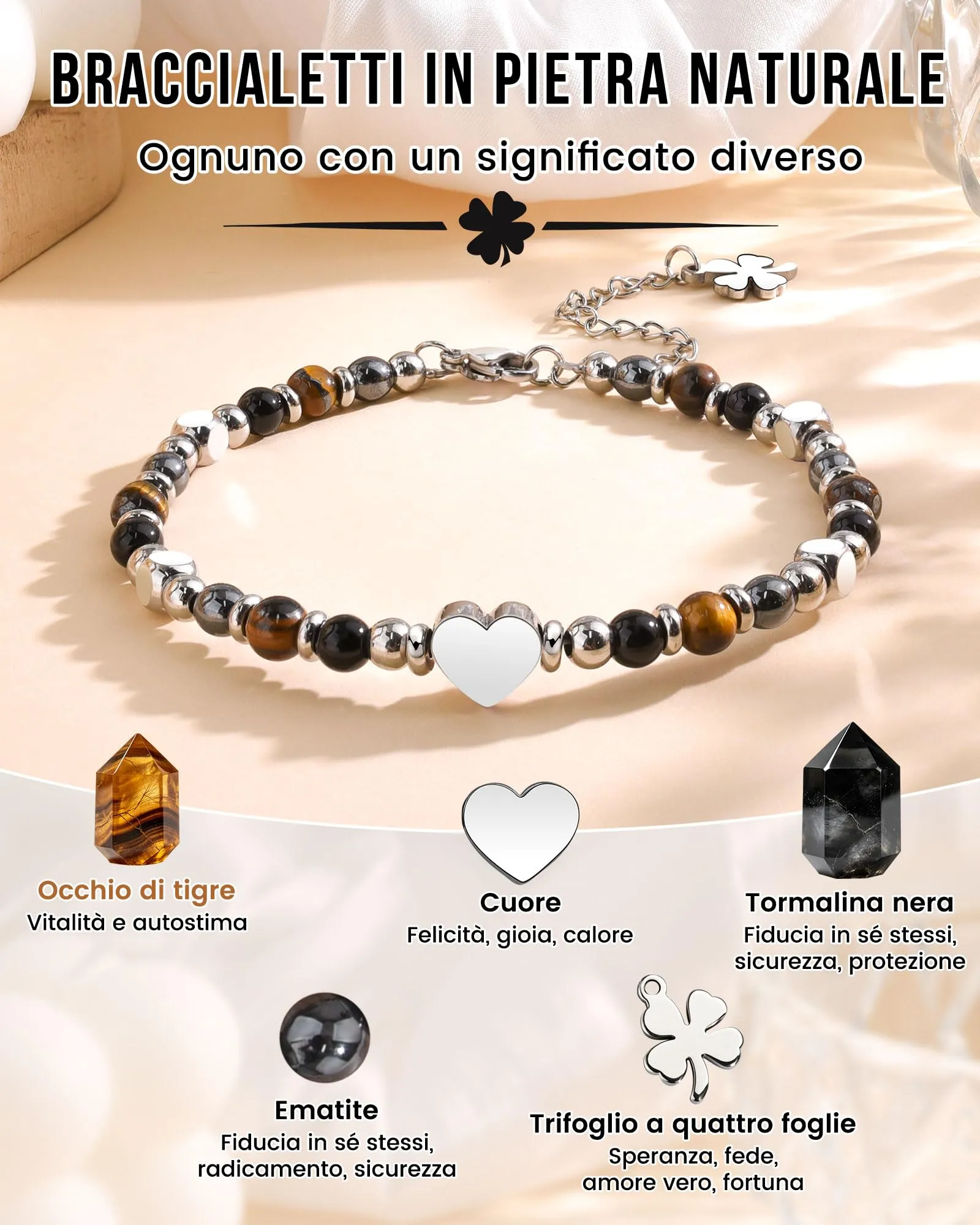 MANVEN Bracciale Donna in Pietre Naturali e Acciaio Inossidabile 316L con Ciondolo Quadrifoglio - immagine 2