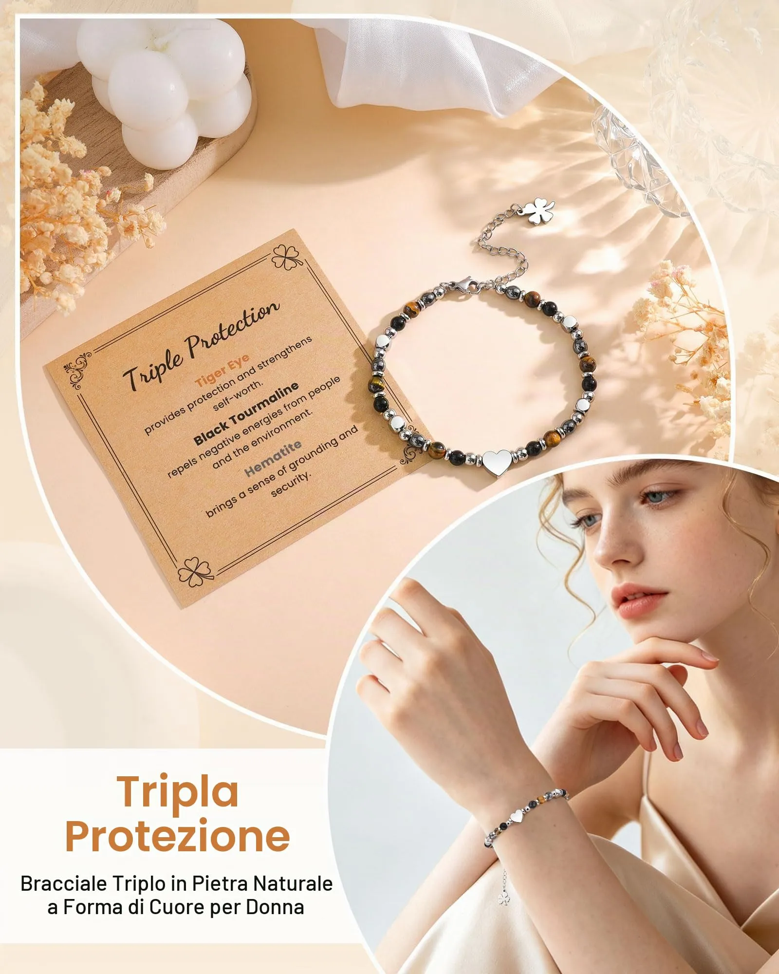 MANVEN Bracciale Donna in Pietre Naturali e Acciaio Inossidabile 316L con Ciondolo Quadrifoglio - immagine 3