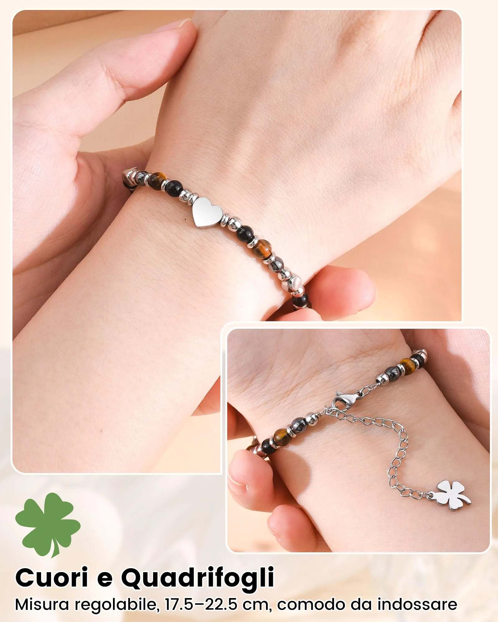 MANVEN Bracciale Donna in Pietre Naturali e Acciaio Inossidabile 316L con Ciondolo Quadrifoglio - immagine 4