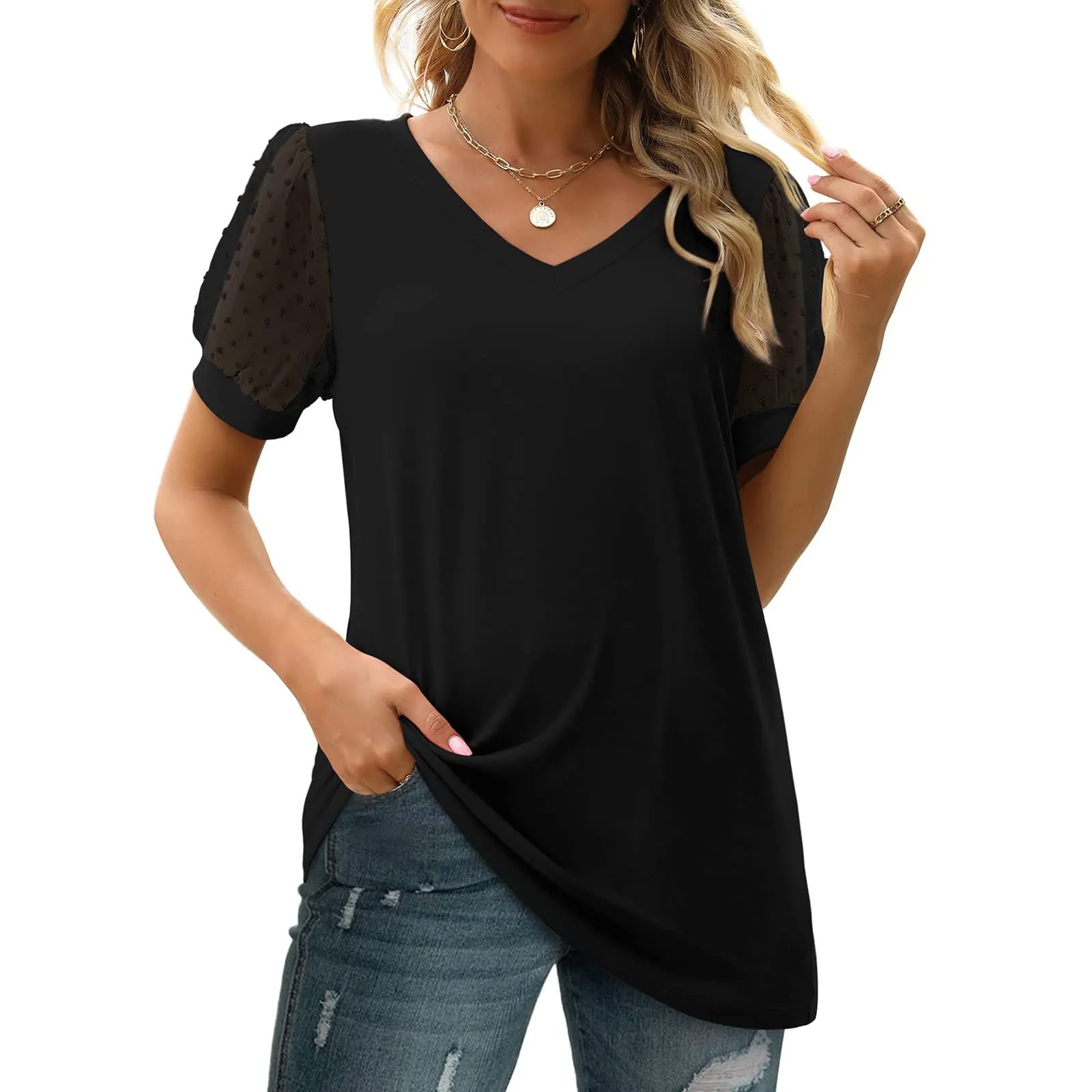 Uwdiohq Blusa Donna in Cotone Maglia Maniche Corte Top Pizzo Rosso Camicetta Elegante Maniche Tre Quarti - immagine 5