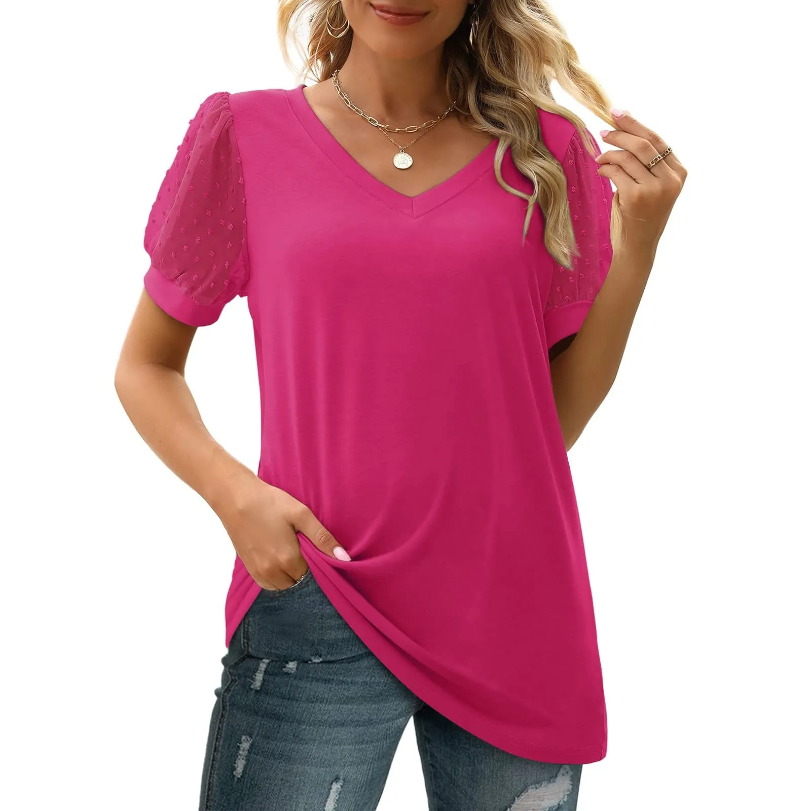 Uwdiohq Bluse Donna Eleganti Rosa e Maglietta Nera Bambina Manica Corta Crop Top in Cotone Camicetta con Maniche Trasparenti - immagine 5