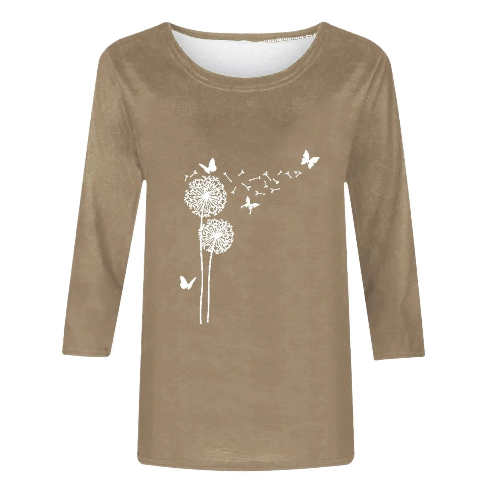 Uwdiohq T-Shirt da Donna Slim Fit, Maniche 3/4, Tunica in Cotone Girocollo a Dente di Leone - immagine 2