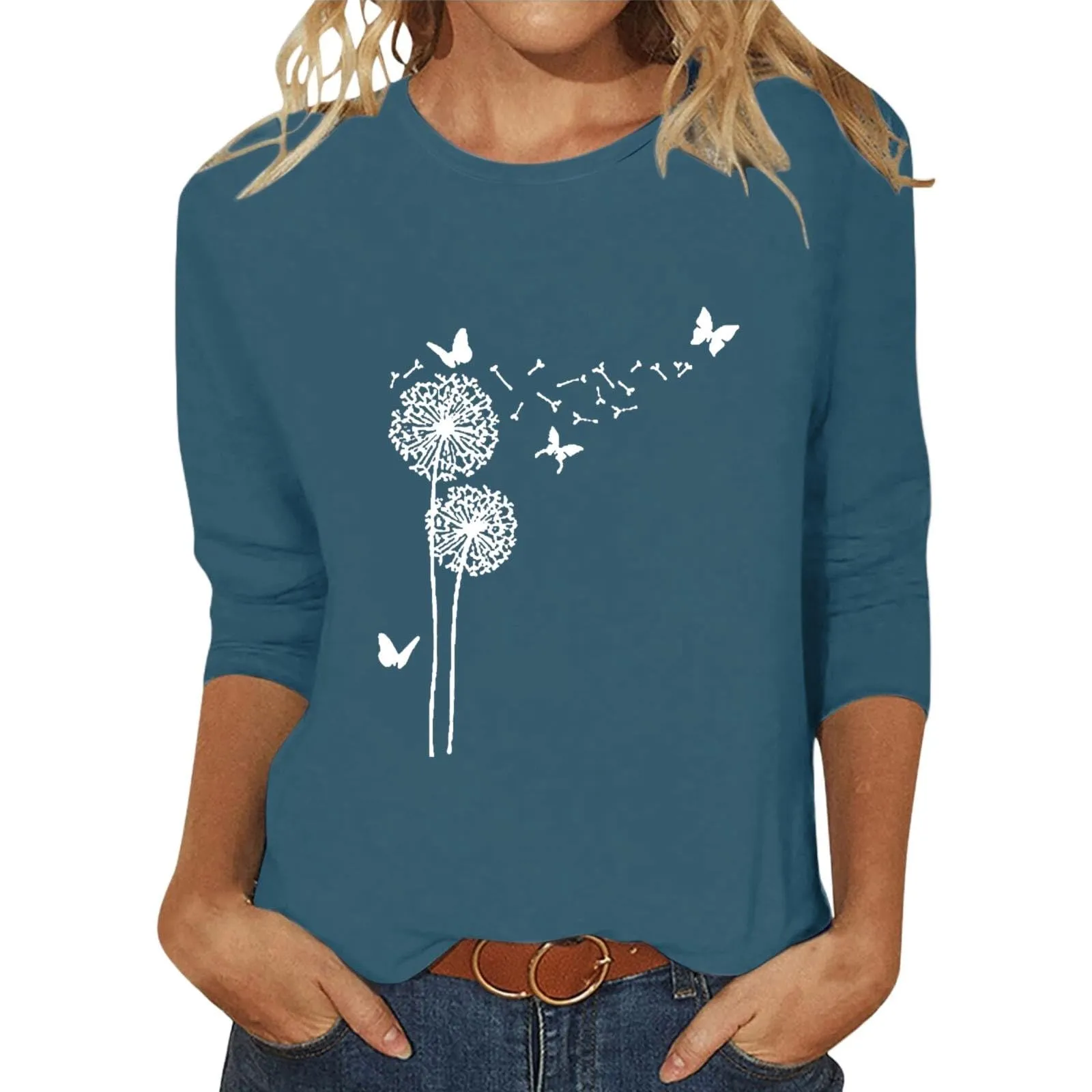 Uwdiohq T-Shirt da Donna Slim Fit Maniche 3/4 Top Casual Estivo Tunica in Cotone Girocollo - immagine 3
