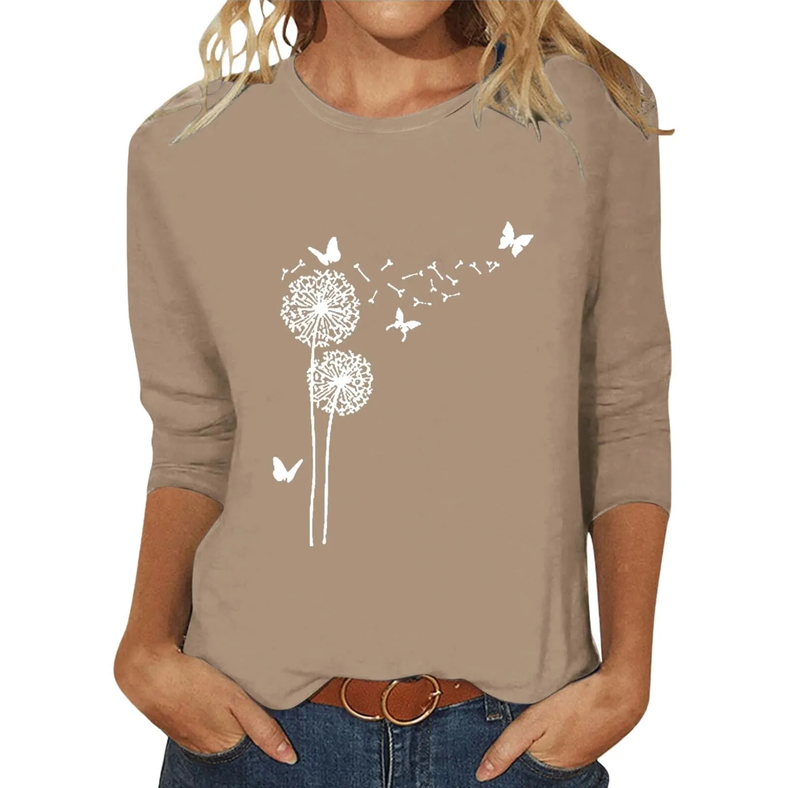 Uwdiohq T-Shirt da Donna Slim Fit Maniche 3/4 Top Casual in Cotone Girocollo Beige - immagine 1