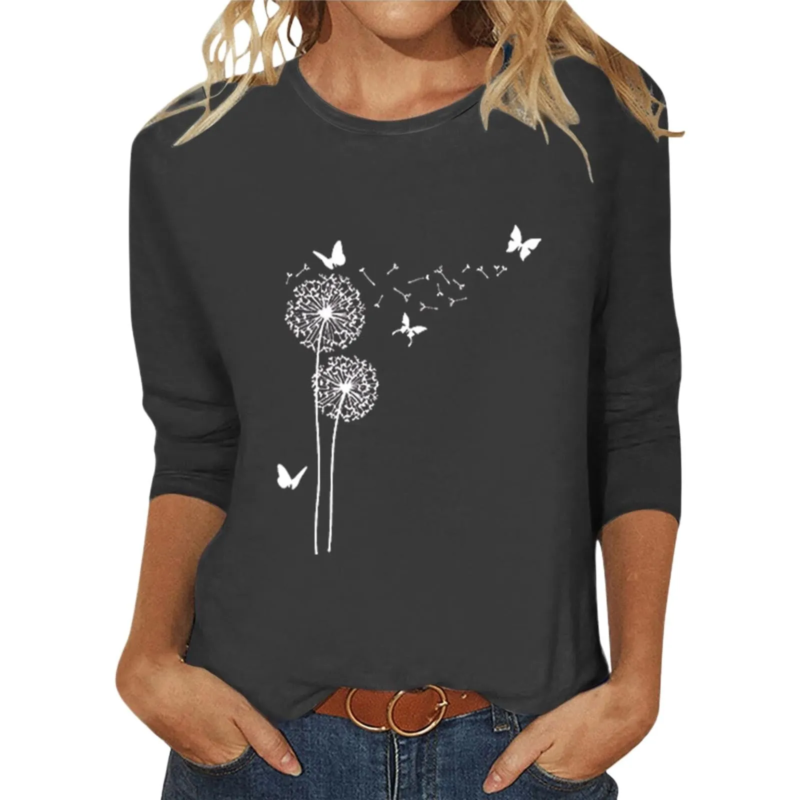 Uwdiohq T-Shirt da Donna Slim Fit Maglietta Lunga a Maniche 3/4 Top Casual Estivo Tunica in Cotone Girocollo - immagine 3