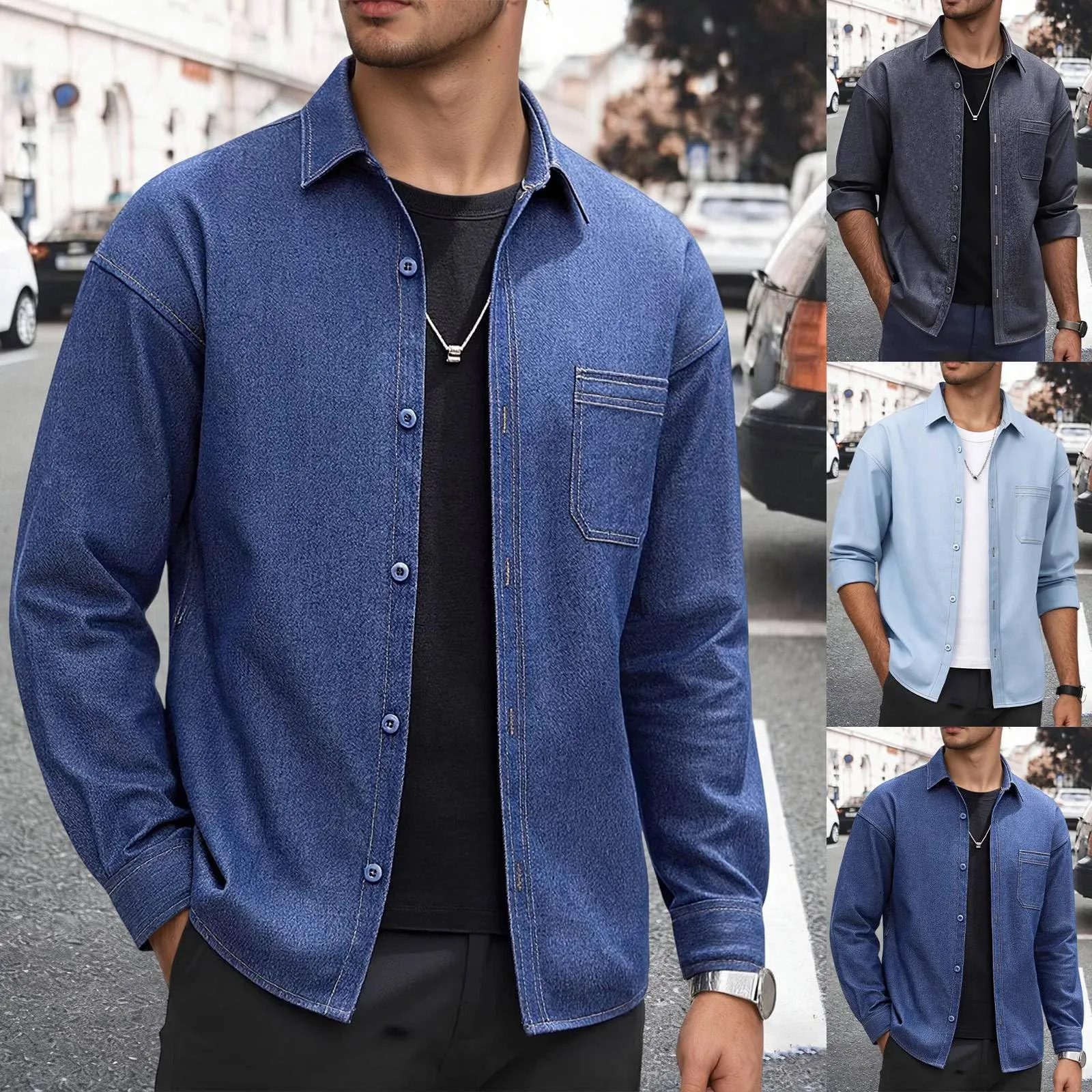 Generisch Camicia in jeans da uomo a maniche lunghe con bottoni e tasca sul petto - immagine 2