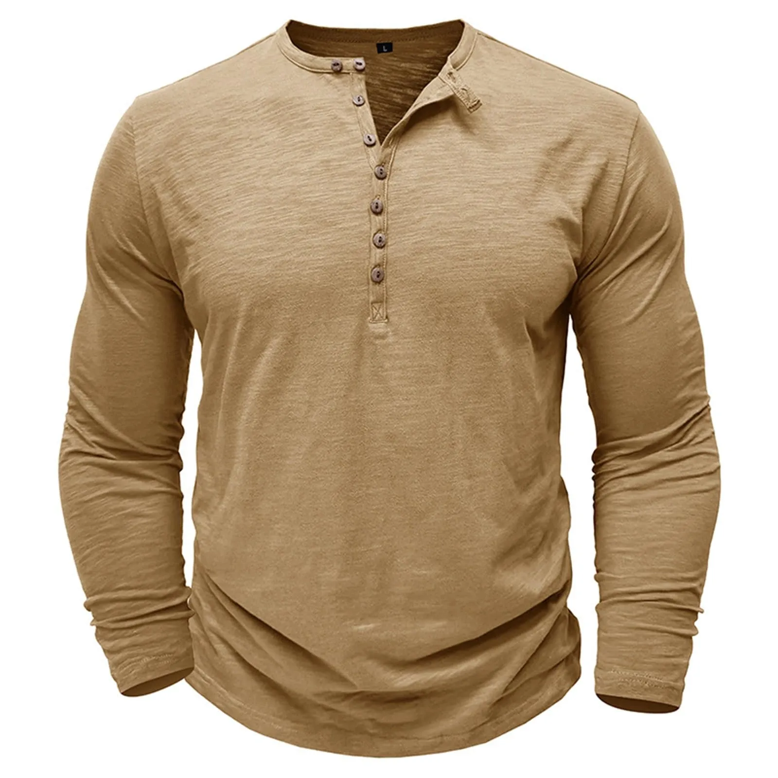Generisch Maglietta da uomo in cotone a maniche lunghe con bottoni, Slim Fit, Cachi, S - immagine 1