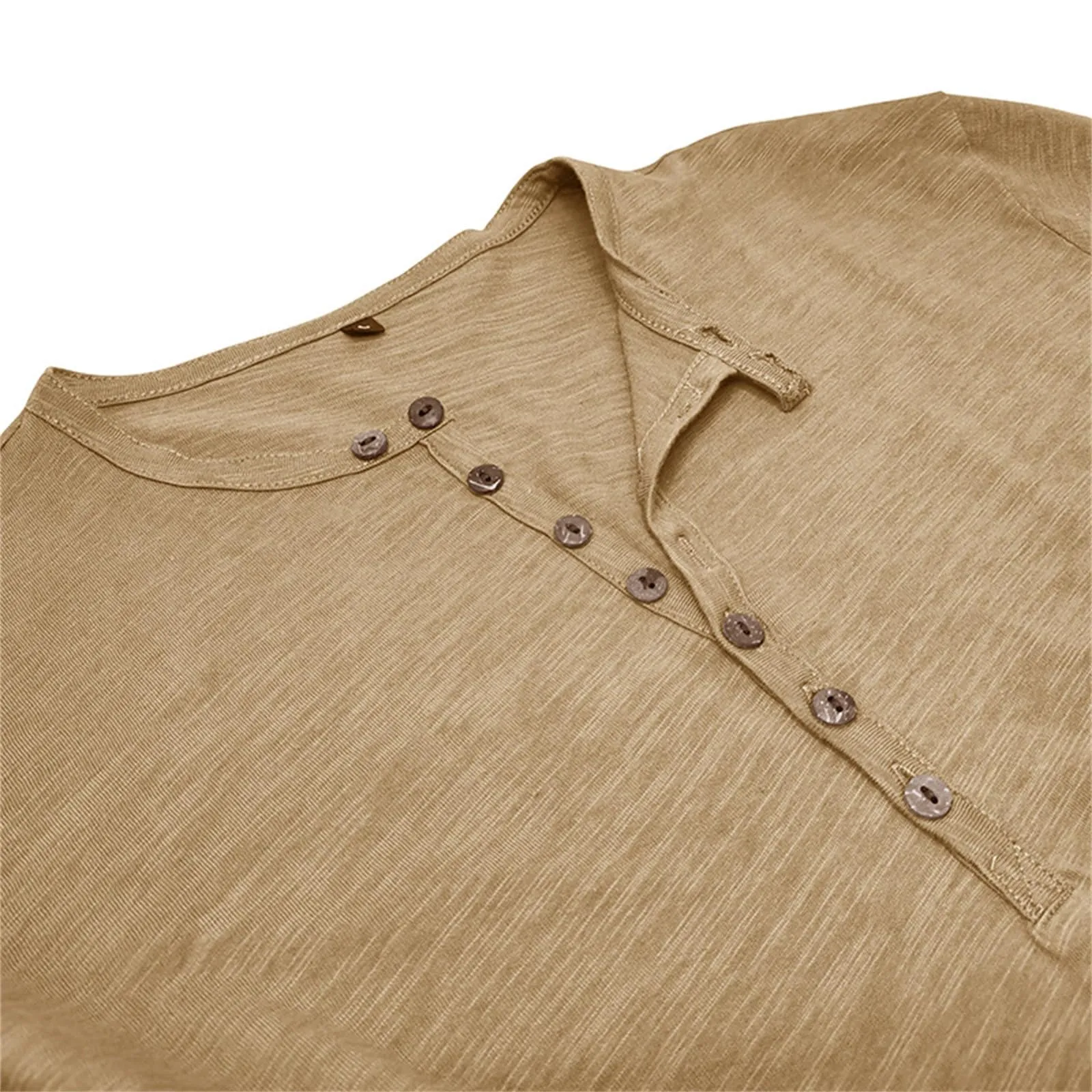 Generisch Maglietta da Uomo in Cotone a Maniche Lunghe con Bottoni, Slim Fit, Cachi, M - immagine 4
